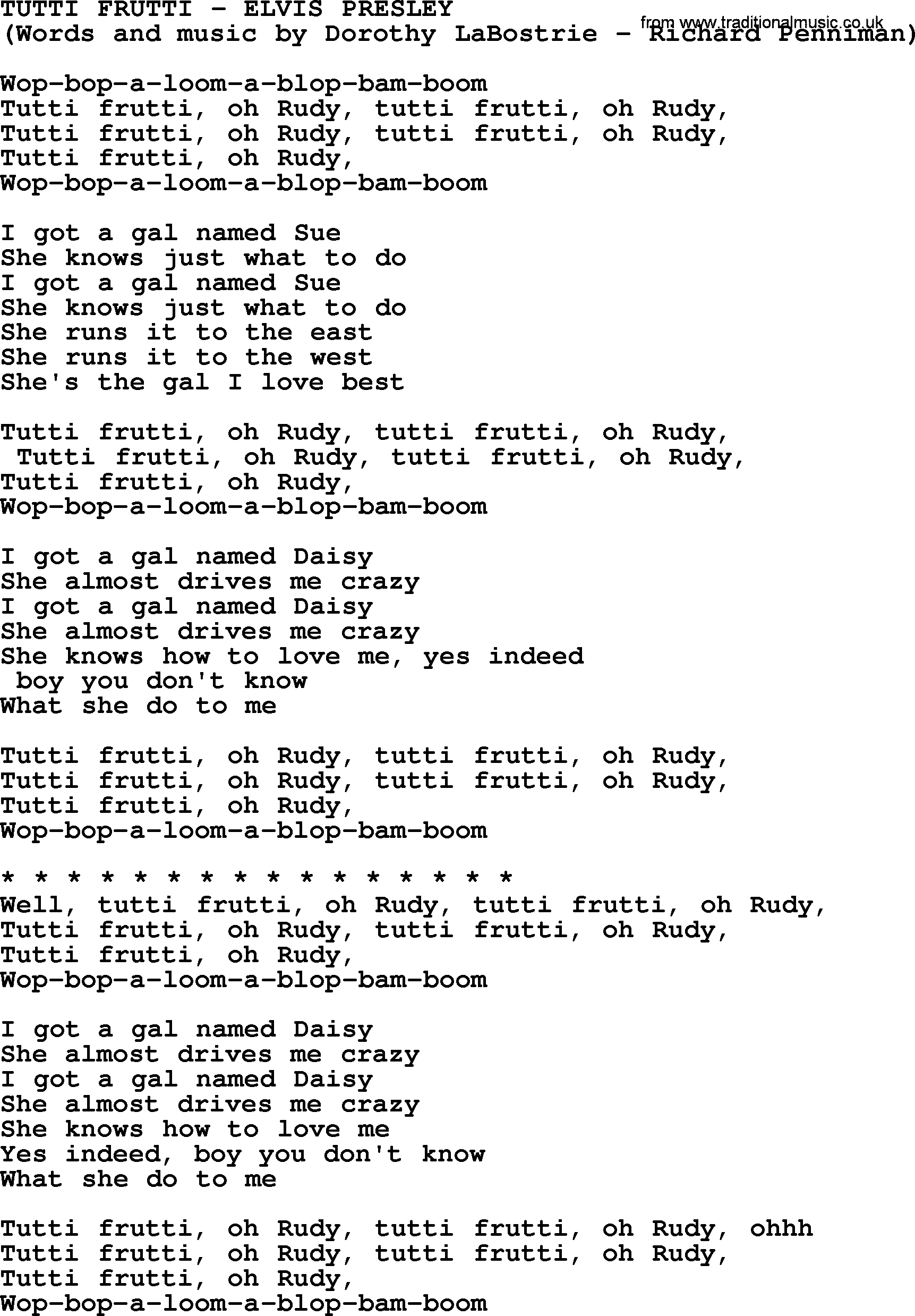 Elvis Presley song: Tutti Frutti lyrics