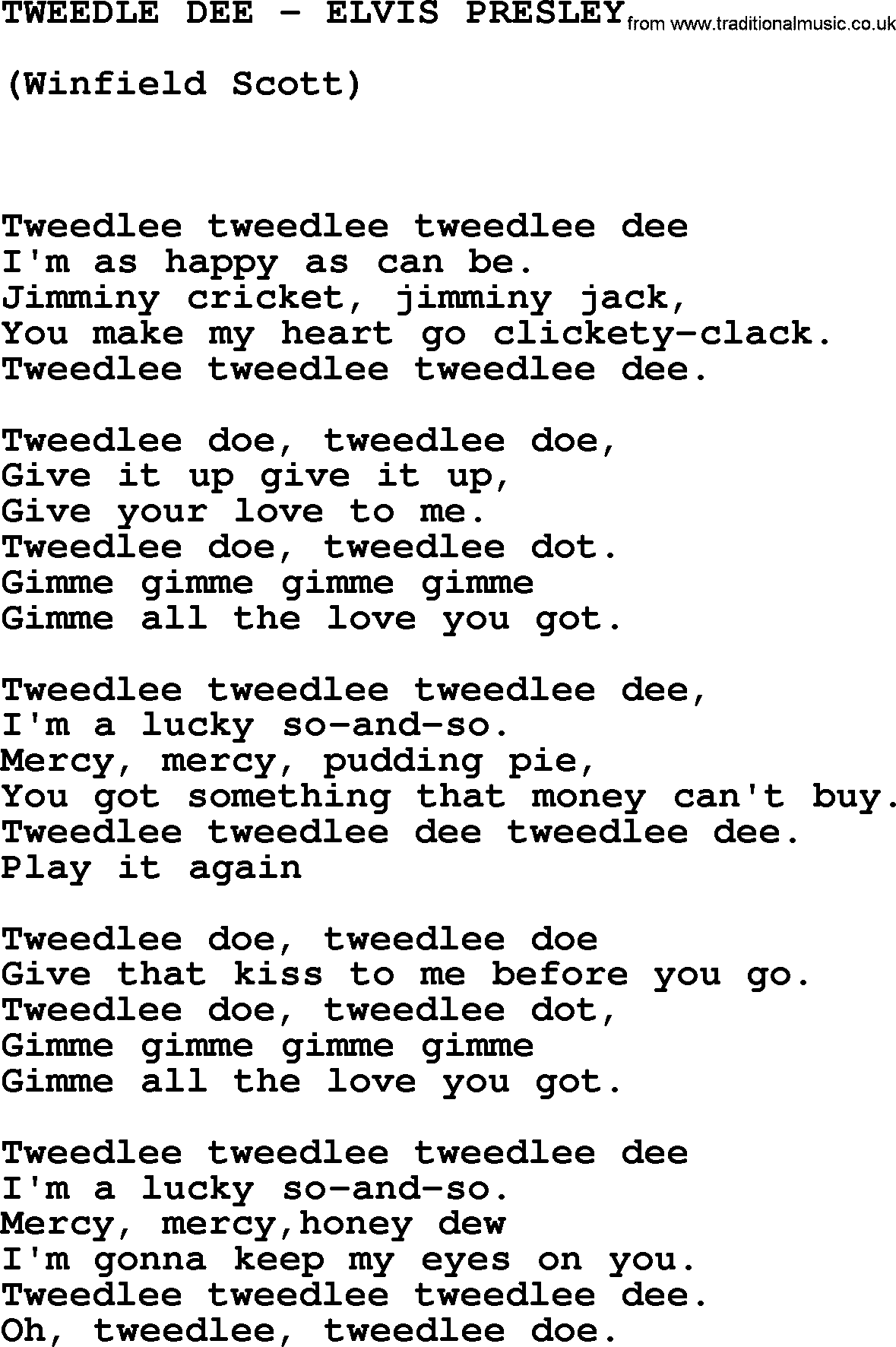 Elvis Presley song: Tweedle Dee-Elvis Presley-.txt lyrics and chords