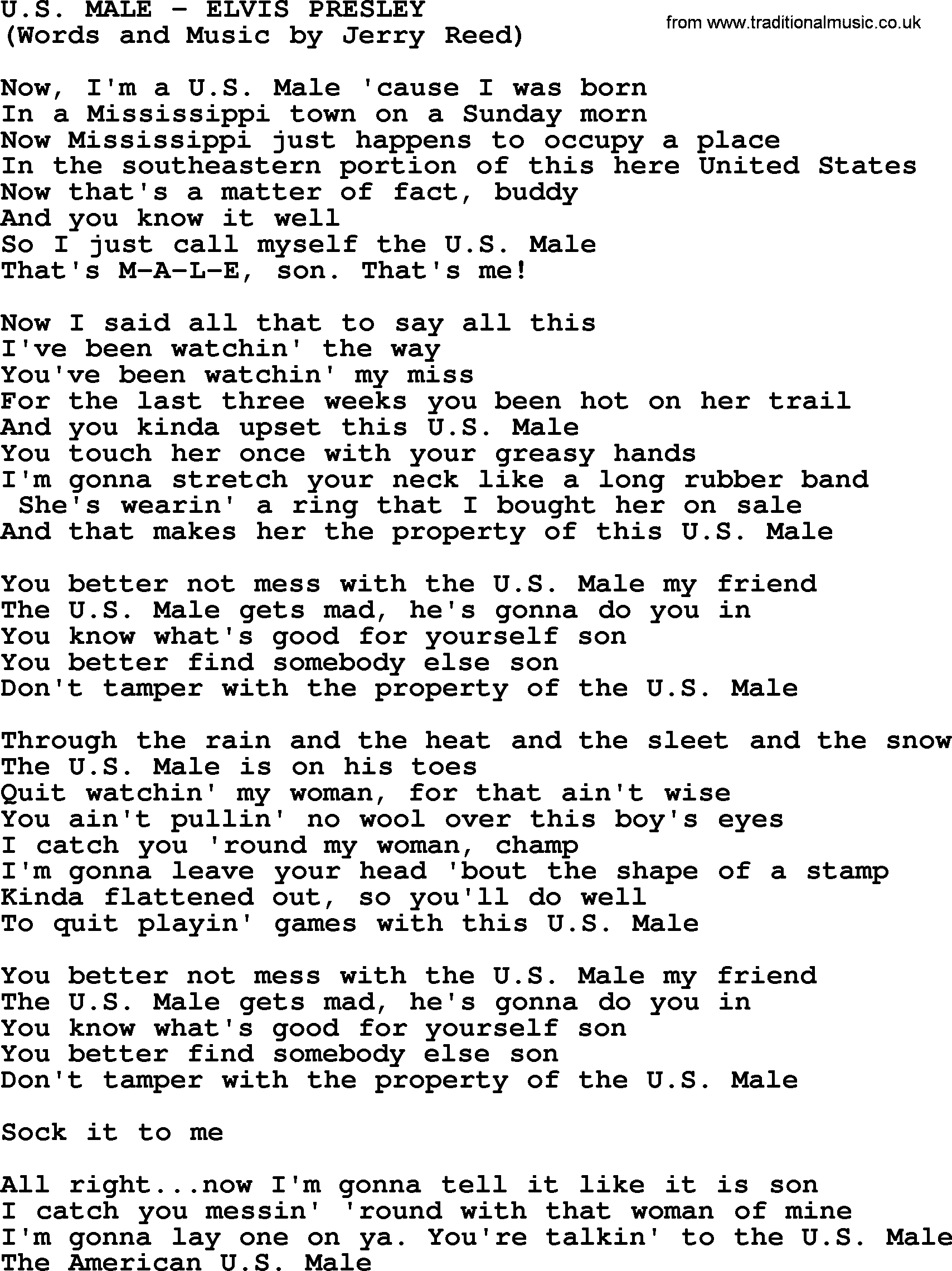 Elvis Presley song: U S  Male lyrics