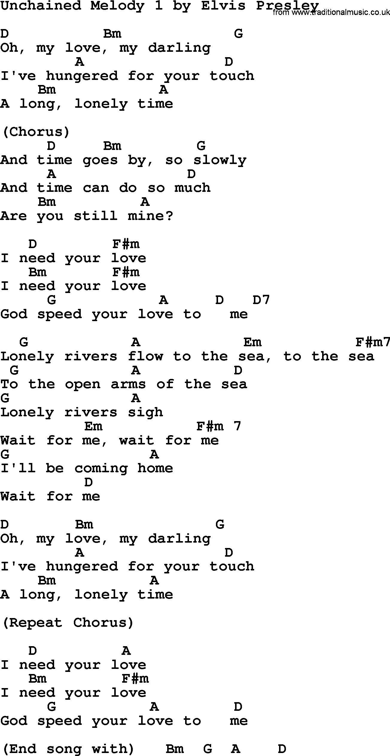 Elvis Presley song: Unchained Melody 1, lyrics and chords