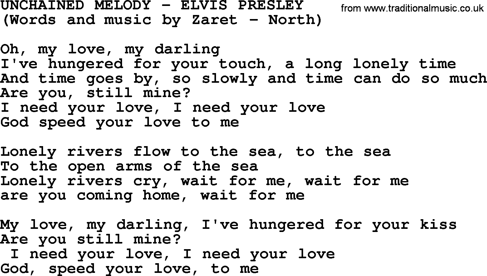 Elvis Presley song: Unchained Melody lyrics