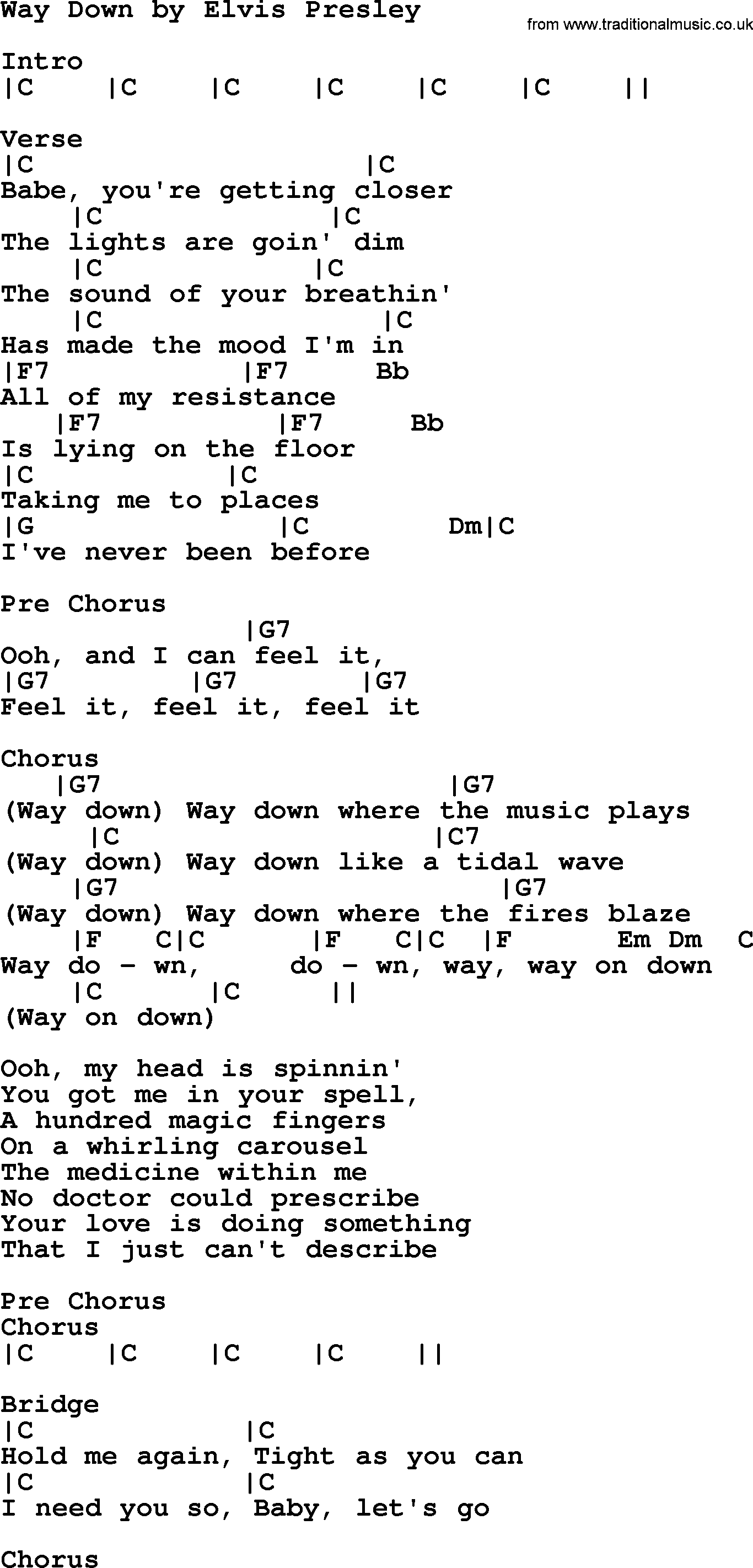 Elvis Presley song: Way Down, lyrics and chords