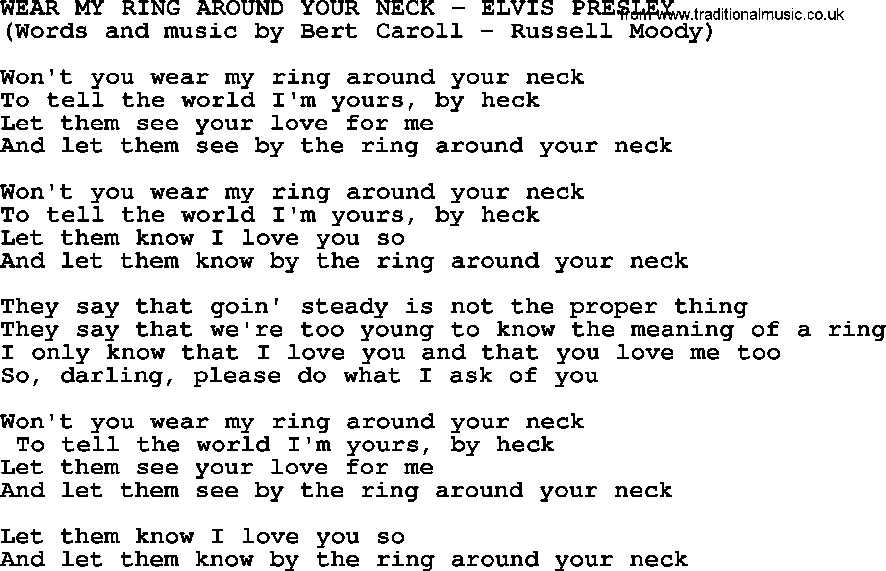 Elvis Presley song: Wear My Ring Around Your Neck lyrics