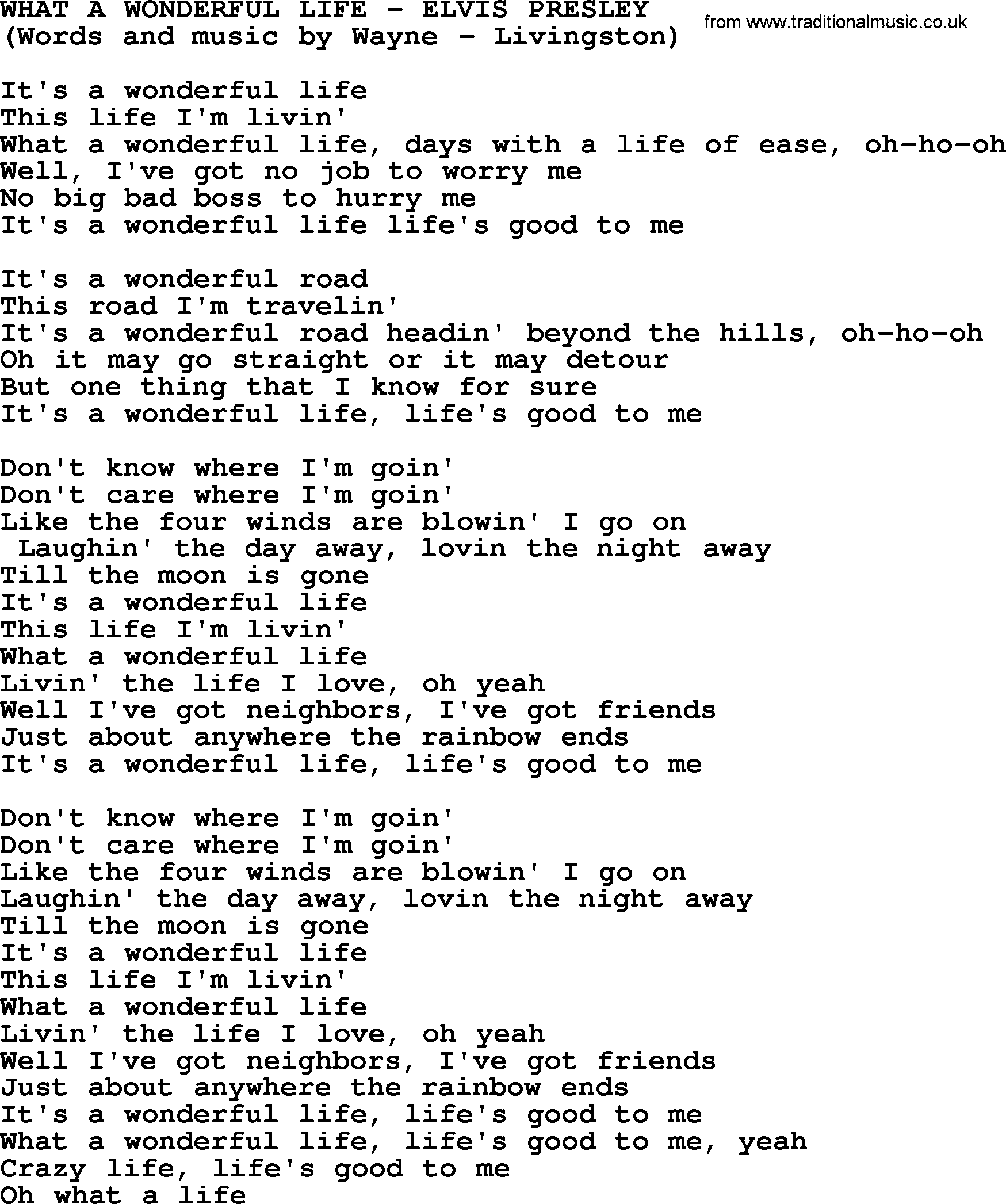 Elvis Presley song: What A Wonderful Life lyrics