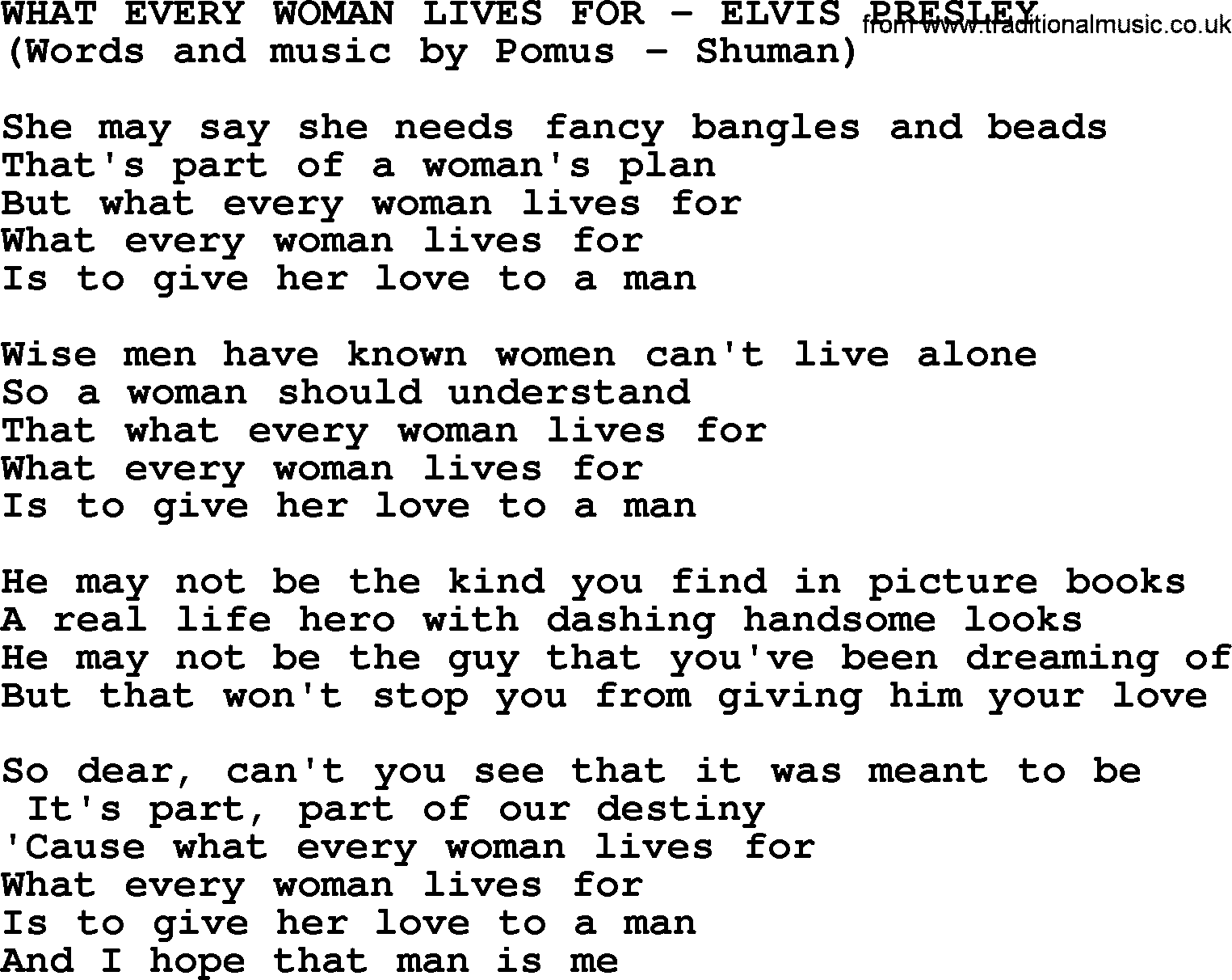 Elvis Presley song: What Every Woman Lives For lyrics