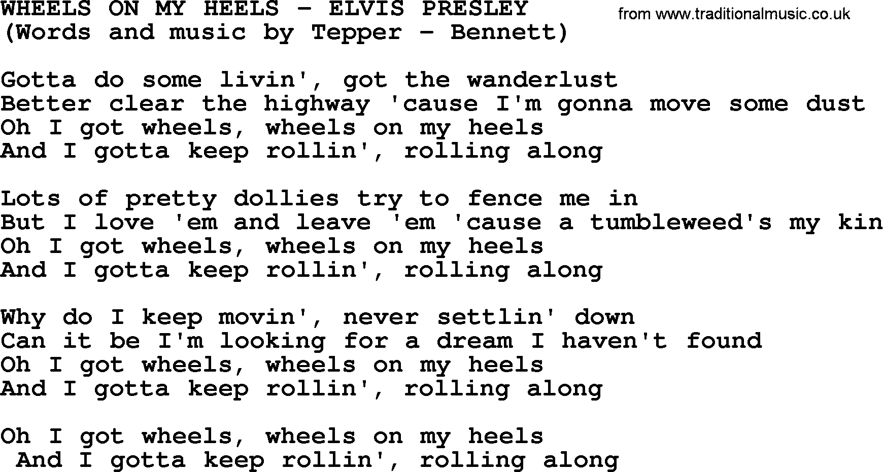 Elvis Presley song: Wheels On My Heels lyrics