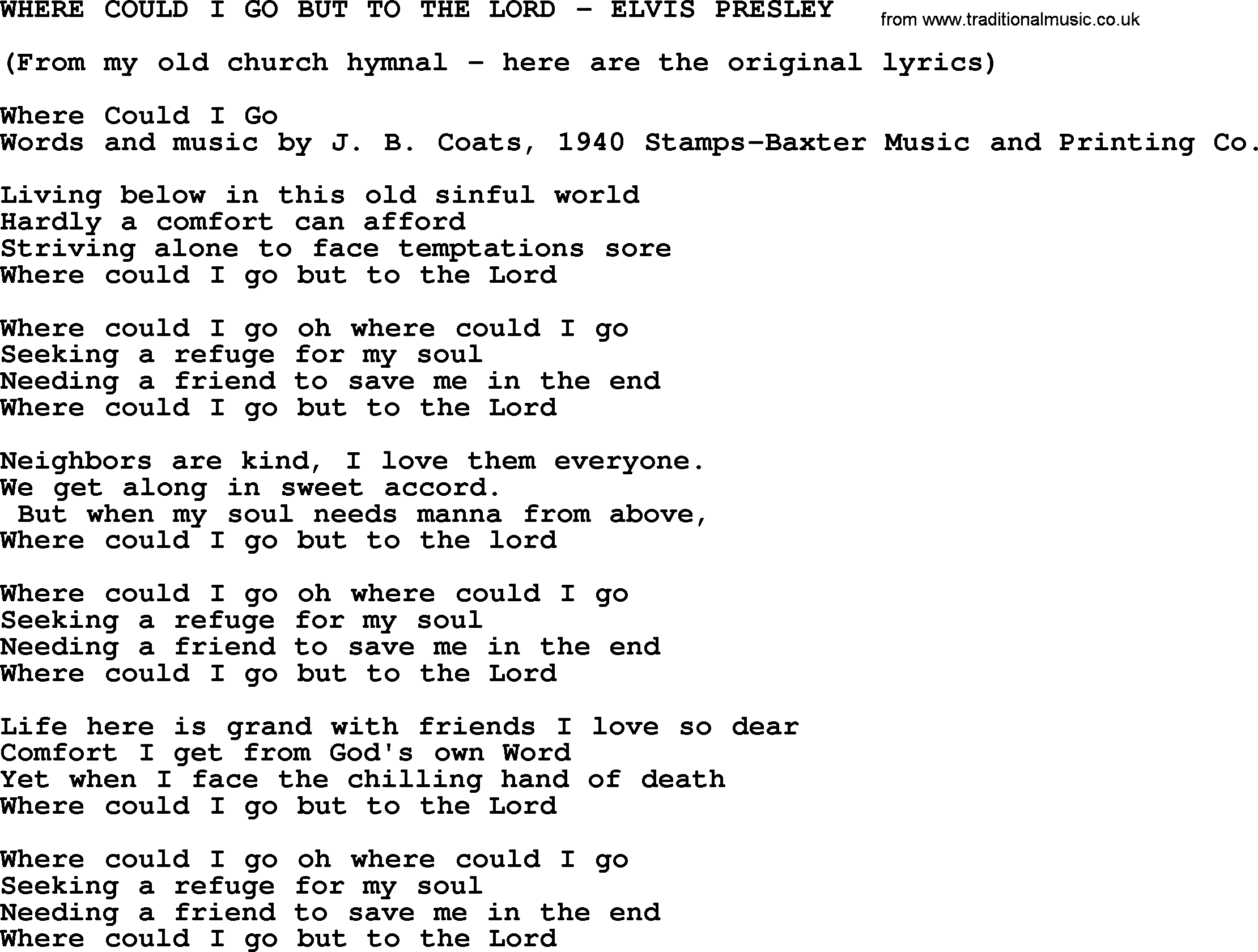 Elvis Presley song: Where Could I Go But To The Lord-Elvis Presley-.txt lyrics and chords