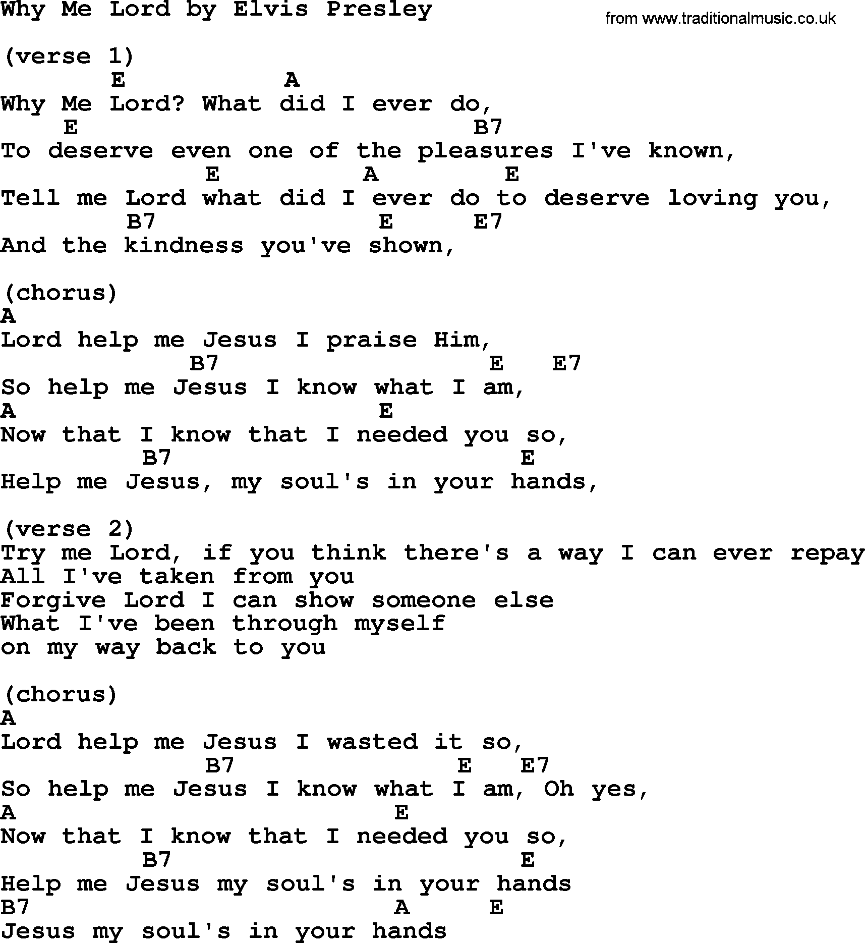Elvis Presley song: Why Me Lord, lyrics and chords