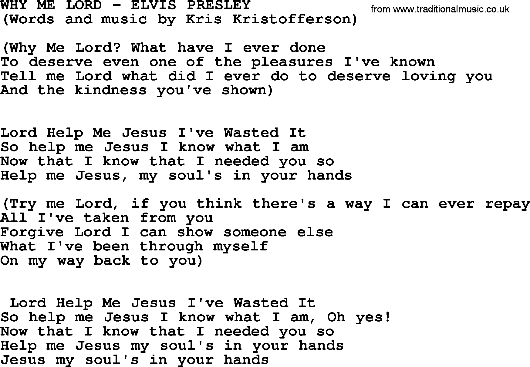 Elvis Presley song: Why Me Lord lyrics
