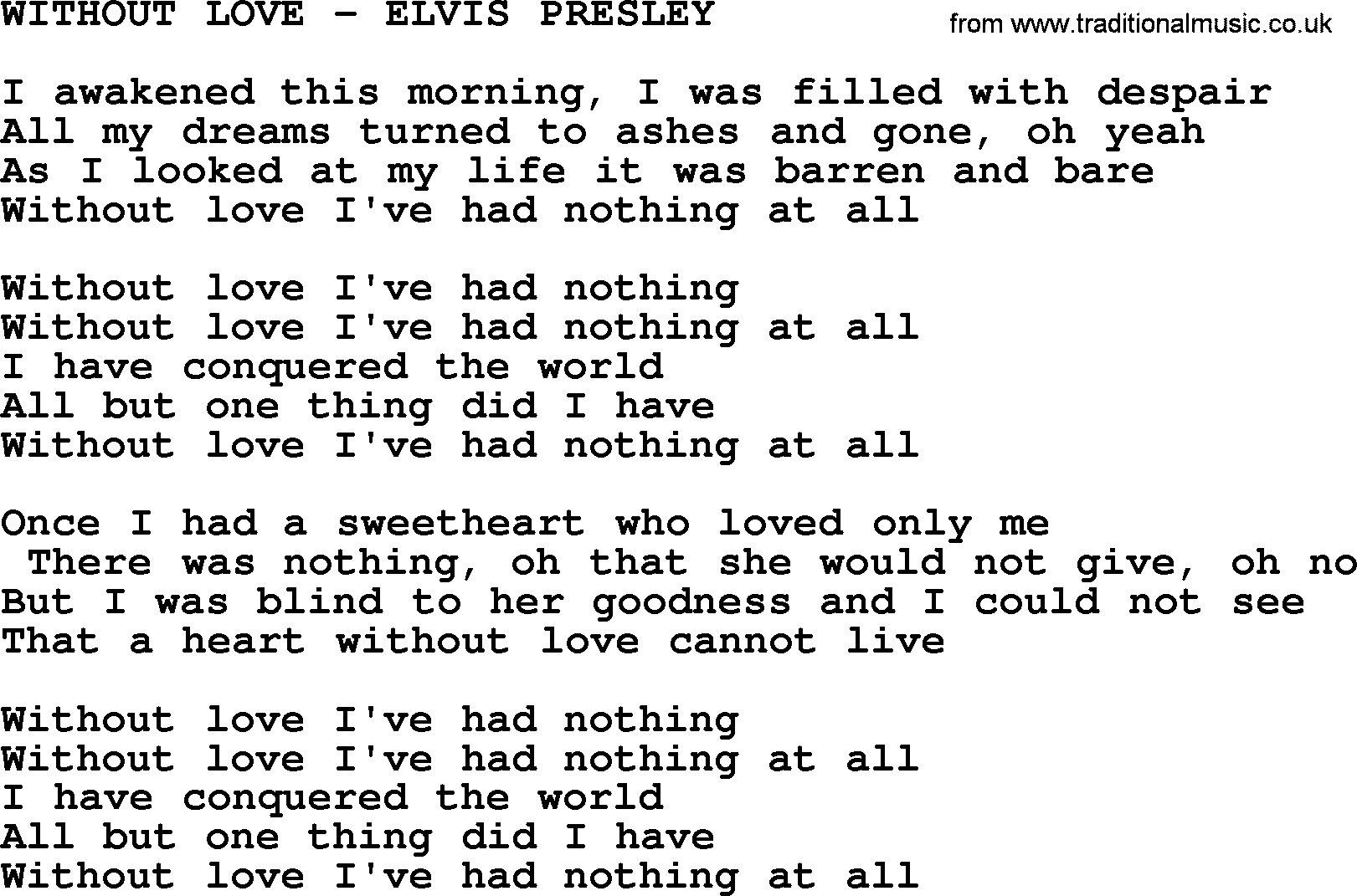Elvis Presley song: Without Love-Elvis Presley-.txt lyrics and chords