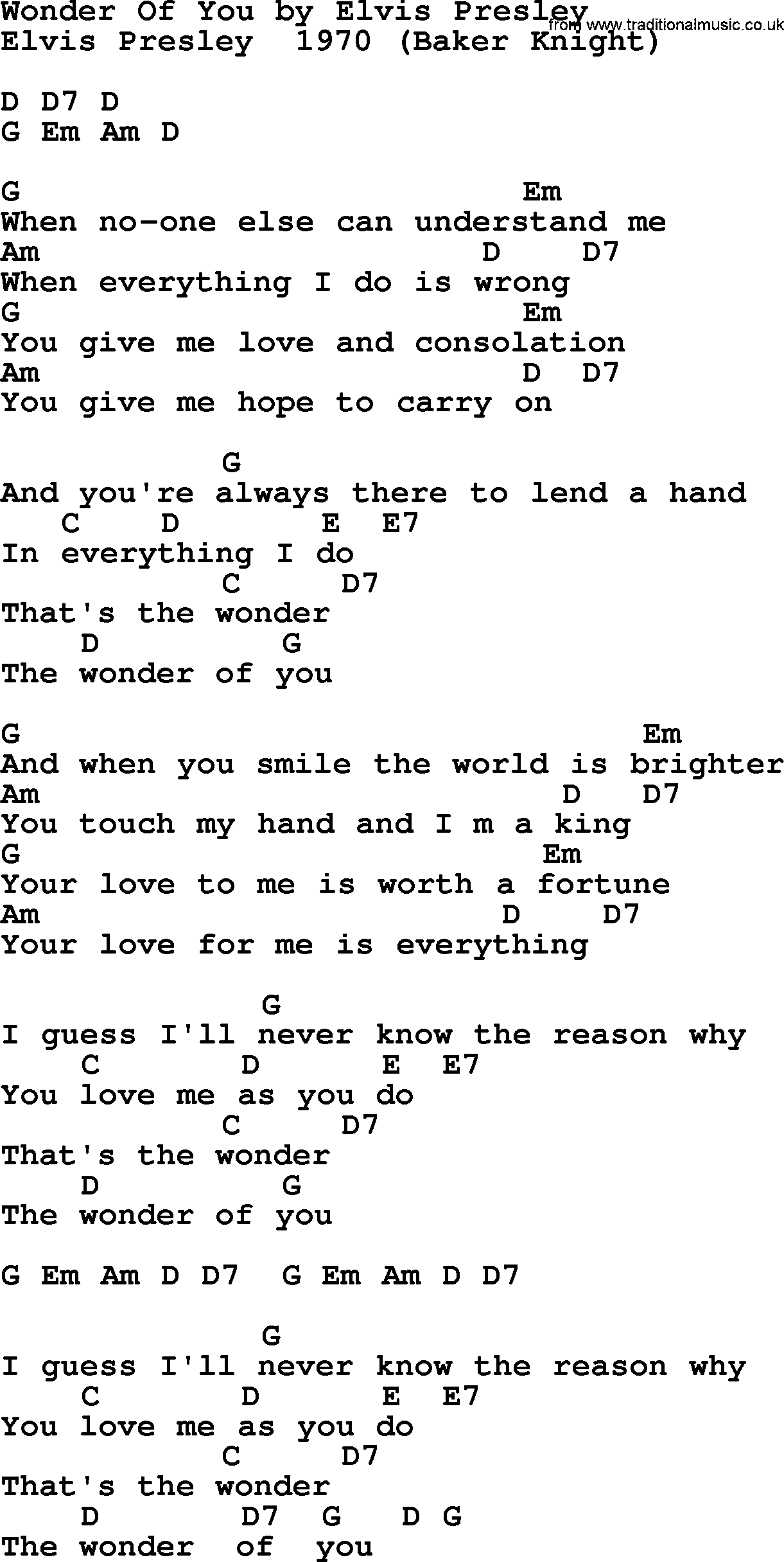 Elvis Presley song: Wonder Of You, lyrics and chords