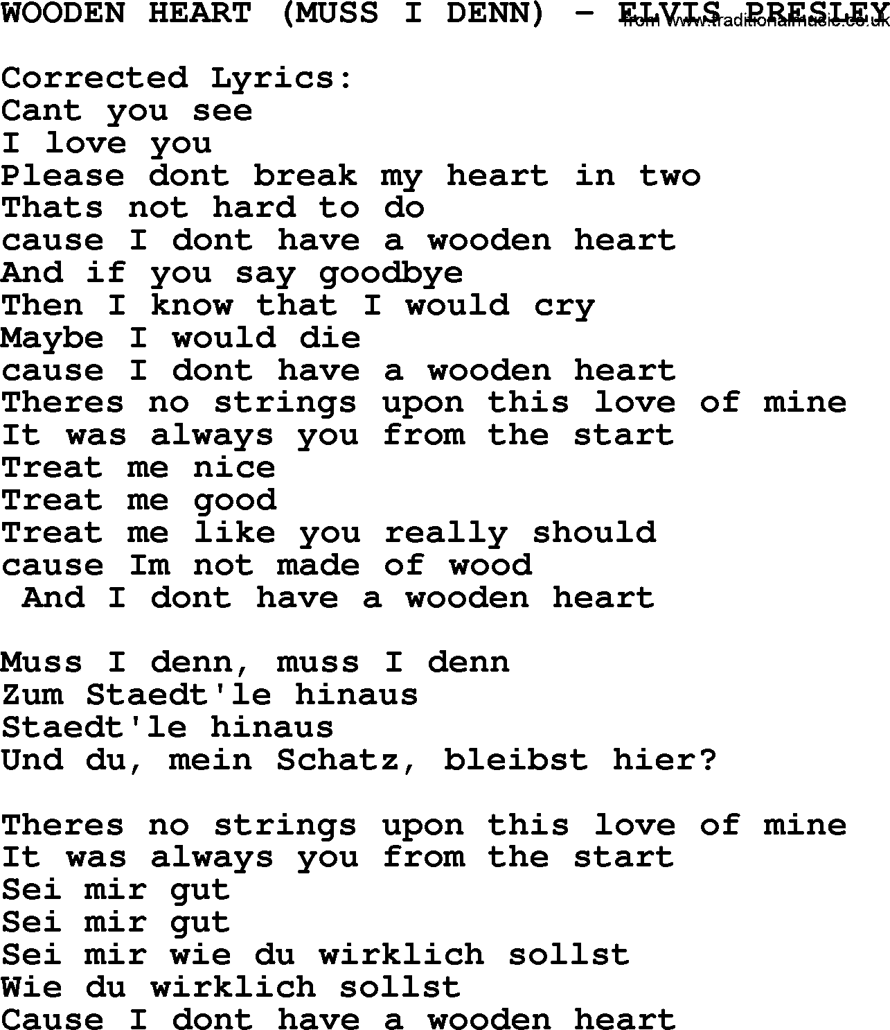 Elvis Presley song: Wooden Heart (Muss I Denn)-Elvis Presley-.txt lyrics and chords