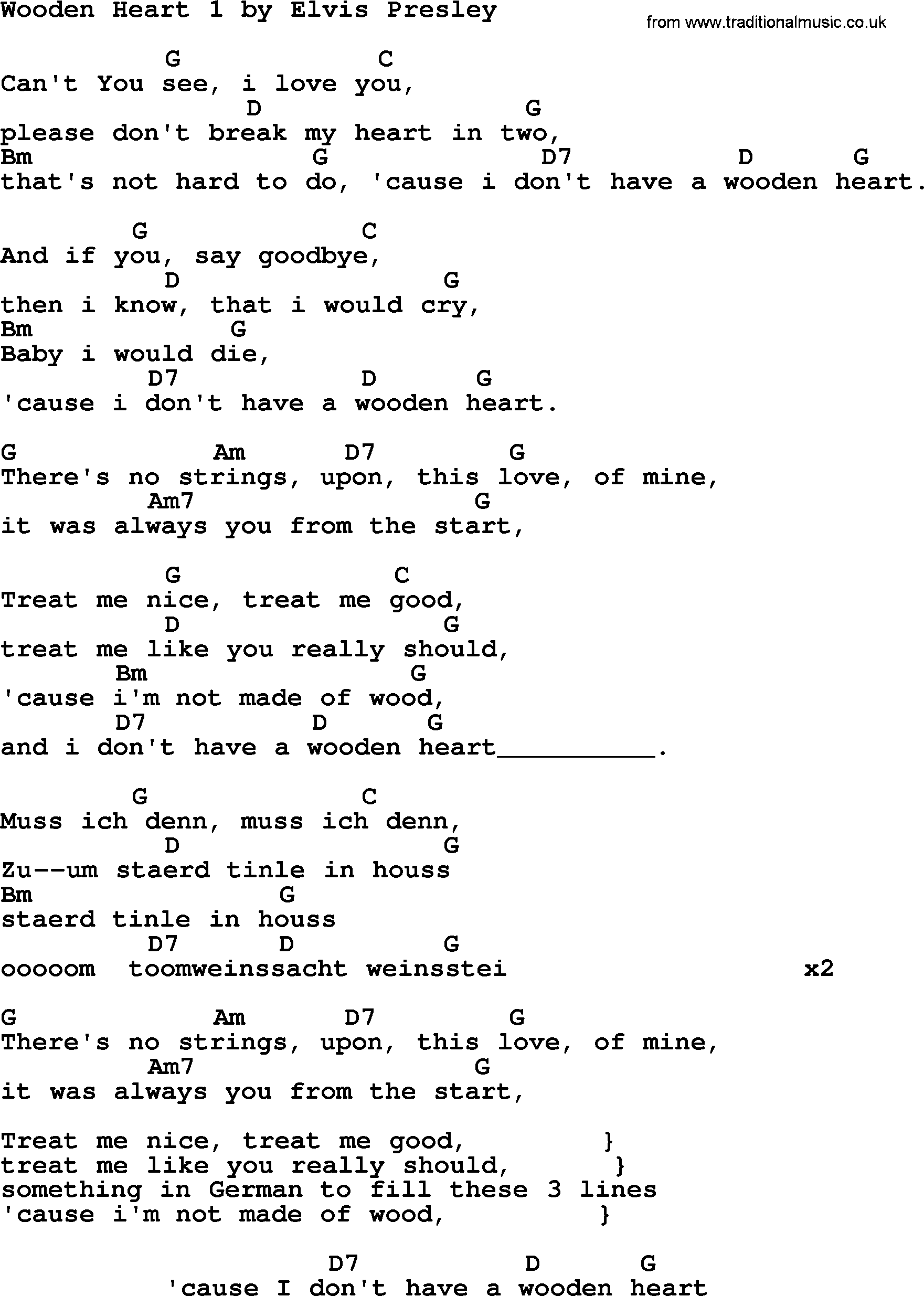 Elvis Presley song: Wooden Heart 1, lyrics and chords