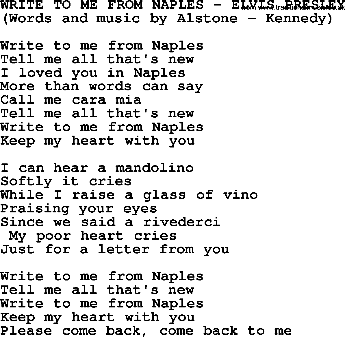 Elvis Presley song: Write To Me From Naples lyrics
