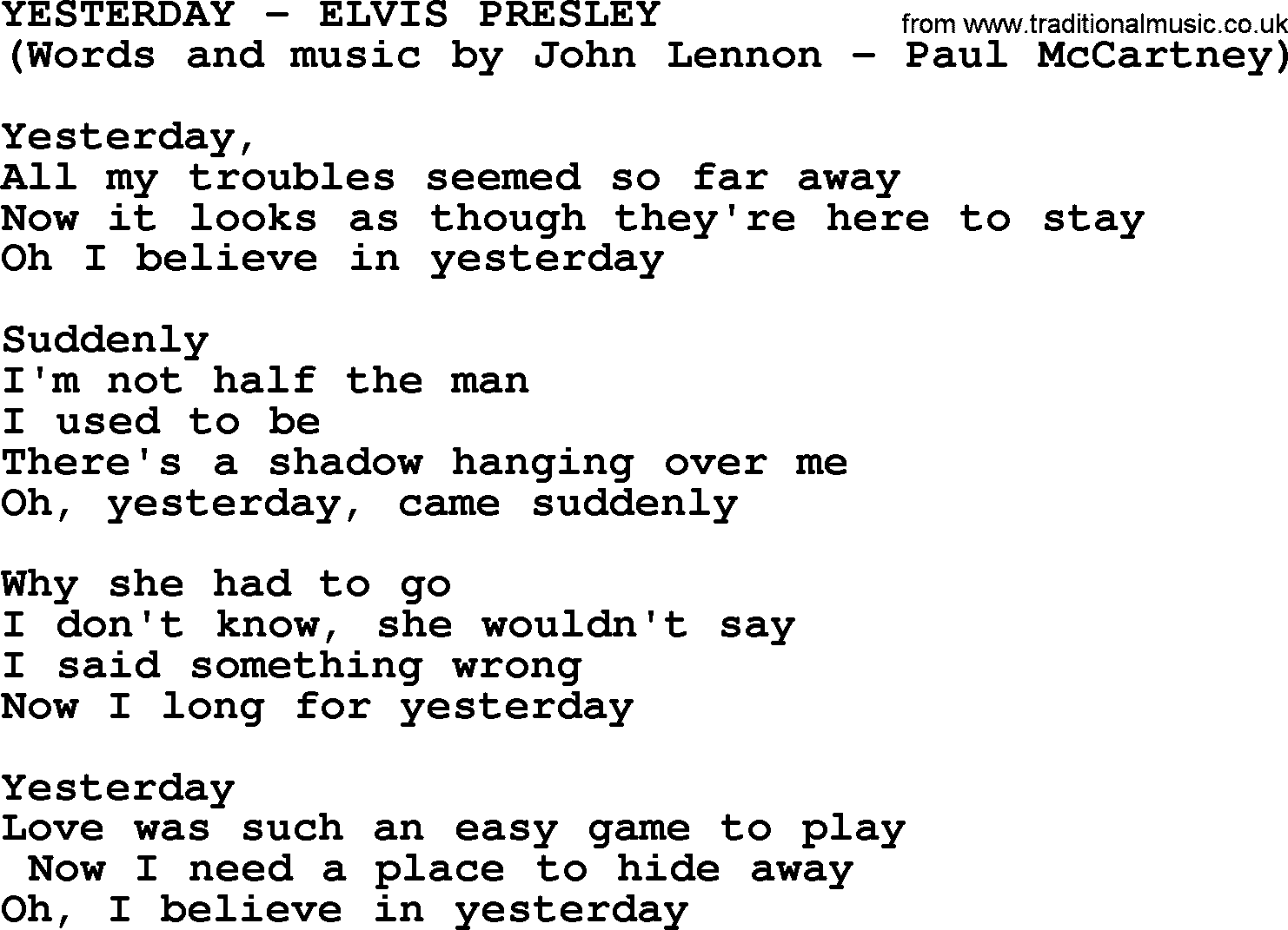 Elvis Presley song: Yesterday lyrics