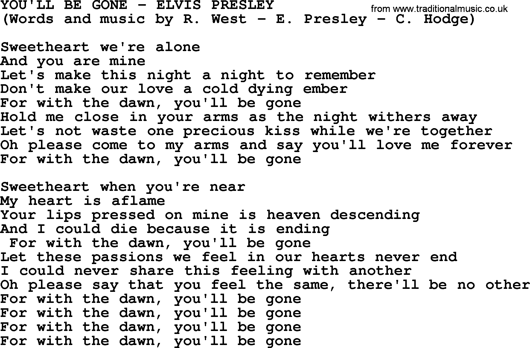 Elvis Presley song: You'll Be Gone lyrics