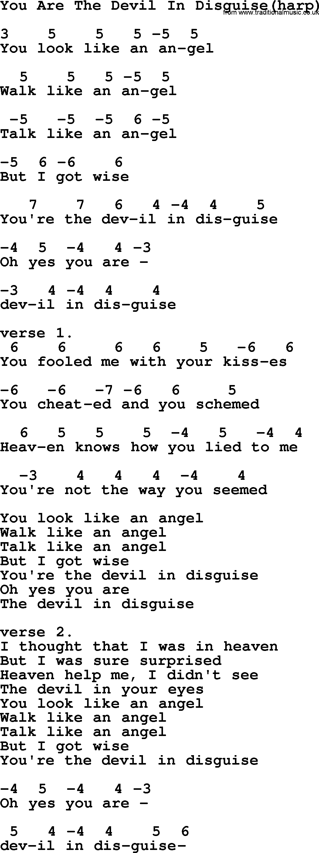 Elvis Presley song: You Are The Devil In Disguise(harp), lyrics and chords