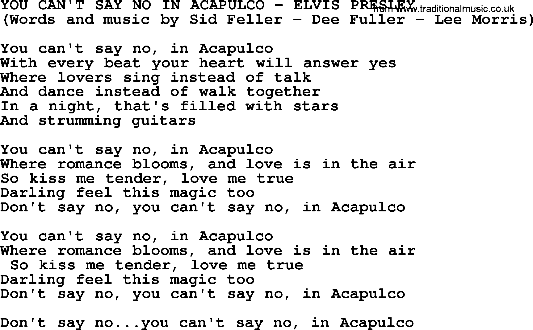 Elvis Presley song: You Can't Say No In Acapulco lyrics