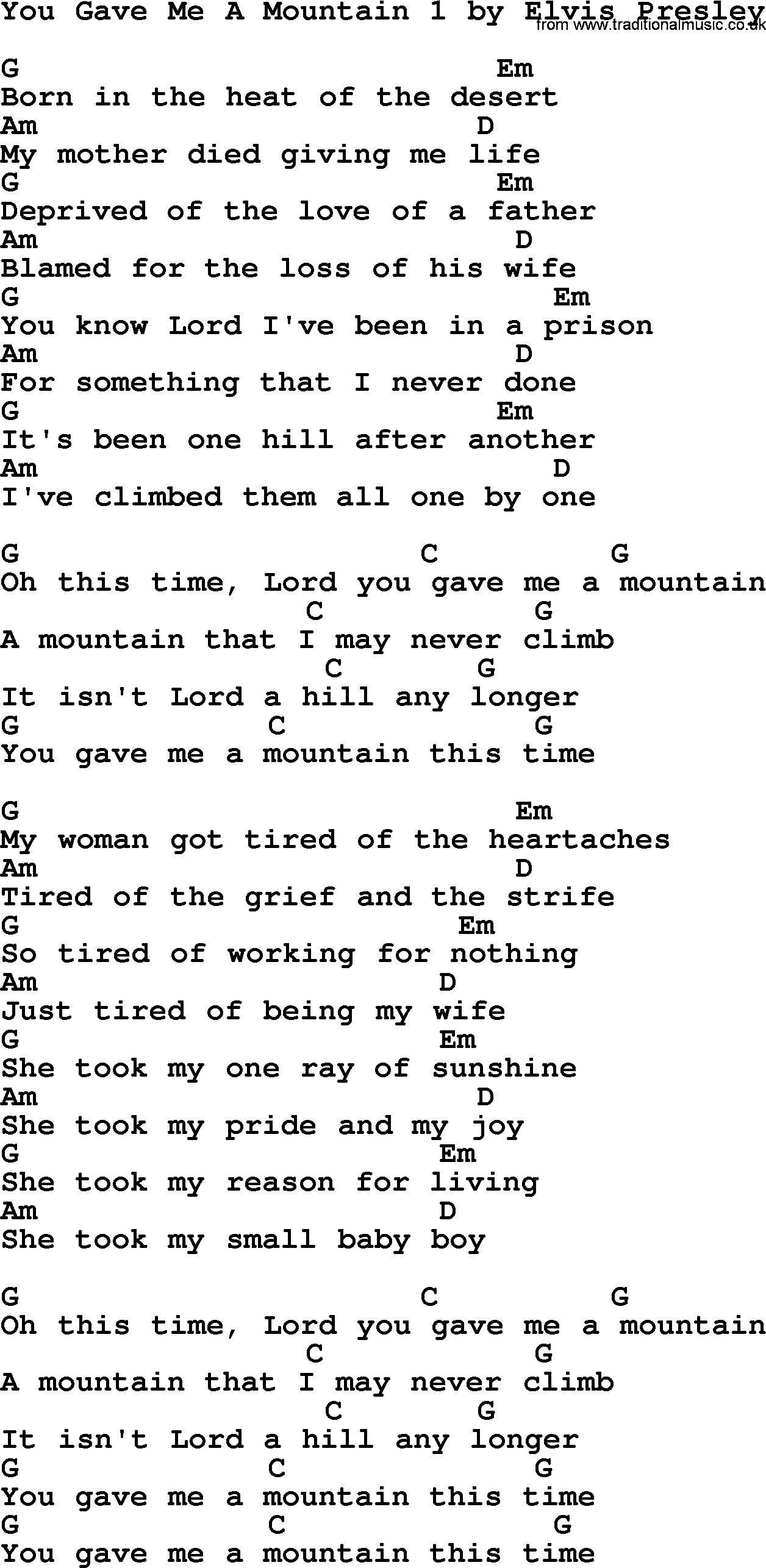 Elvis Presley song: You Gave Me A Mountain 1, lyrics and chords