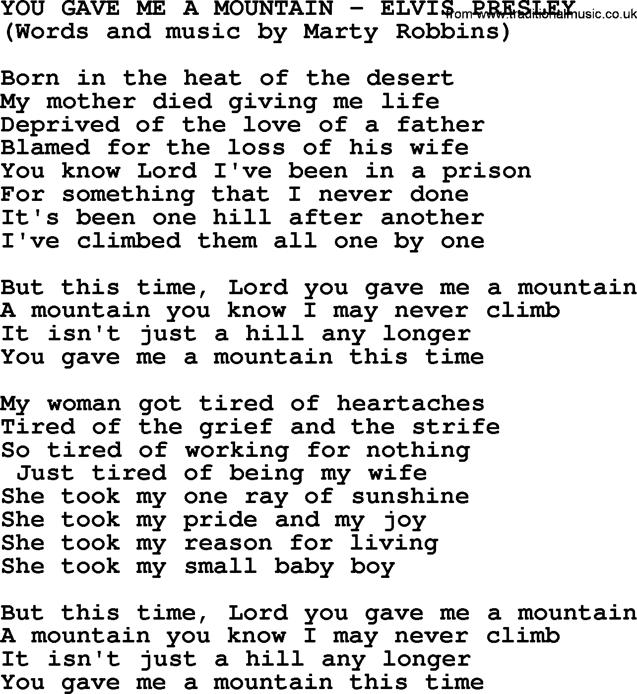 Elvis Presley song: You Gave Me A Mountain lyrics