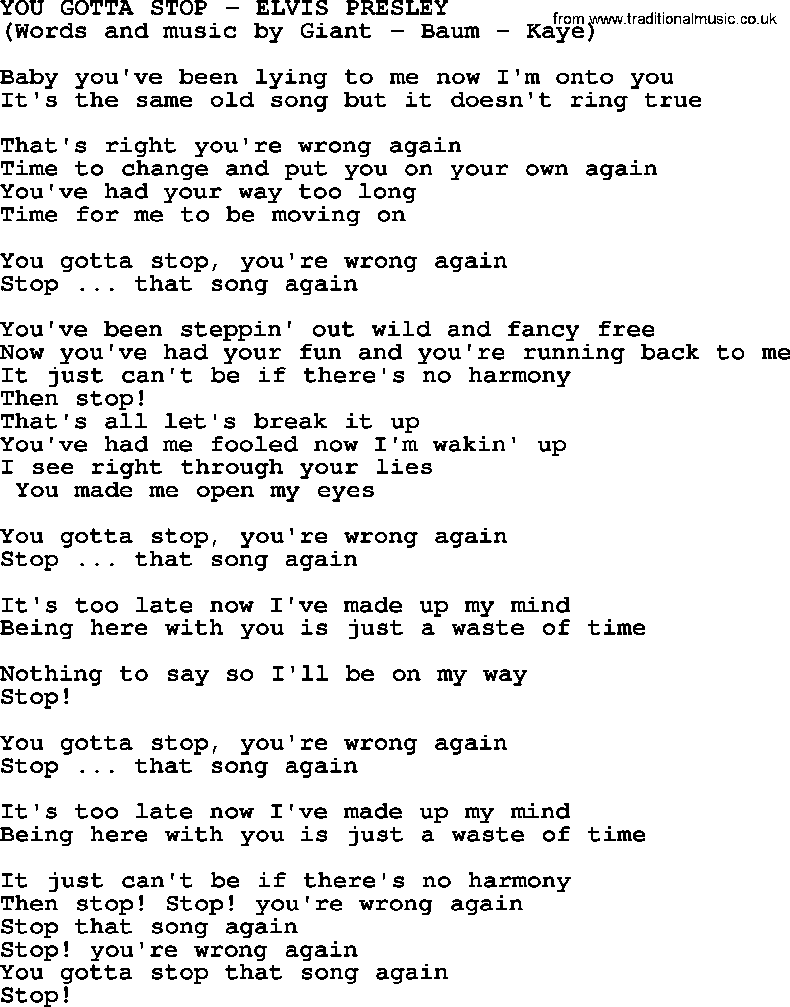 Elvis Presley song: You Gotta Stop lyrics