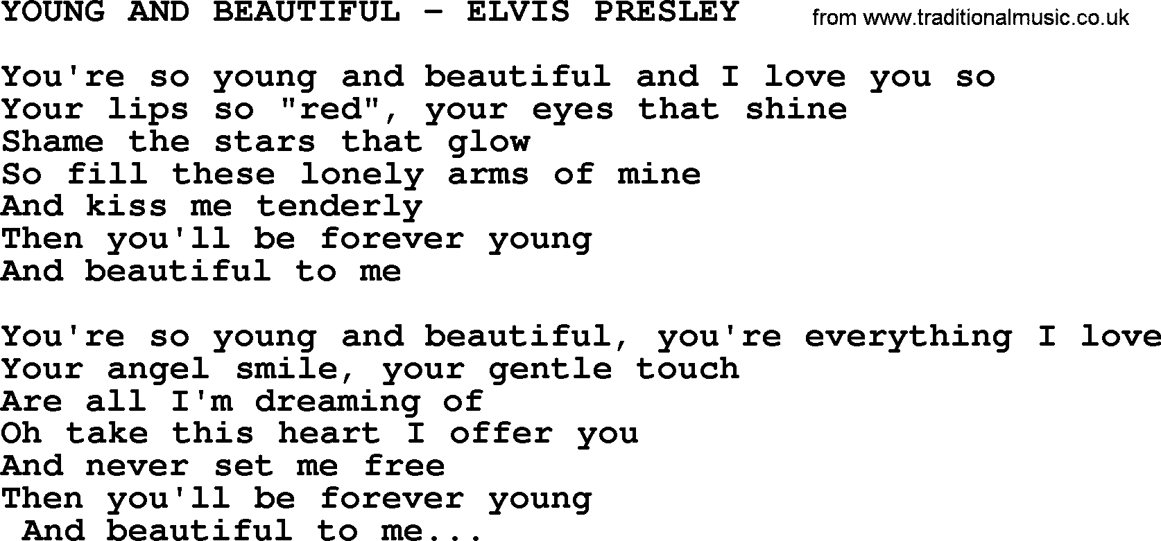 Elvis Presley song: Young And Beautiful-Elvis Presley-.txt lyrics and chords