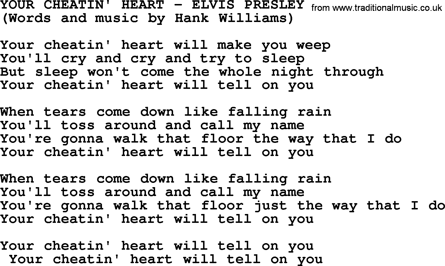Elvis Presley song: Your Cheatin' Heart lyrics