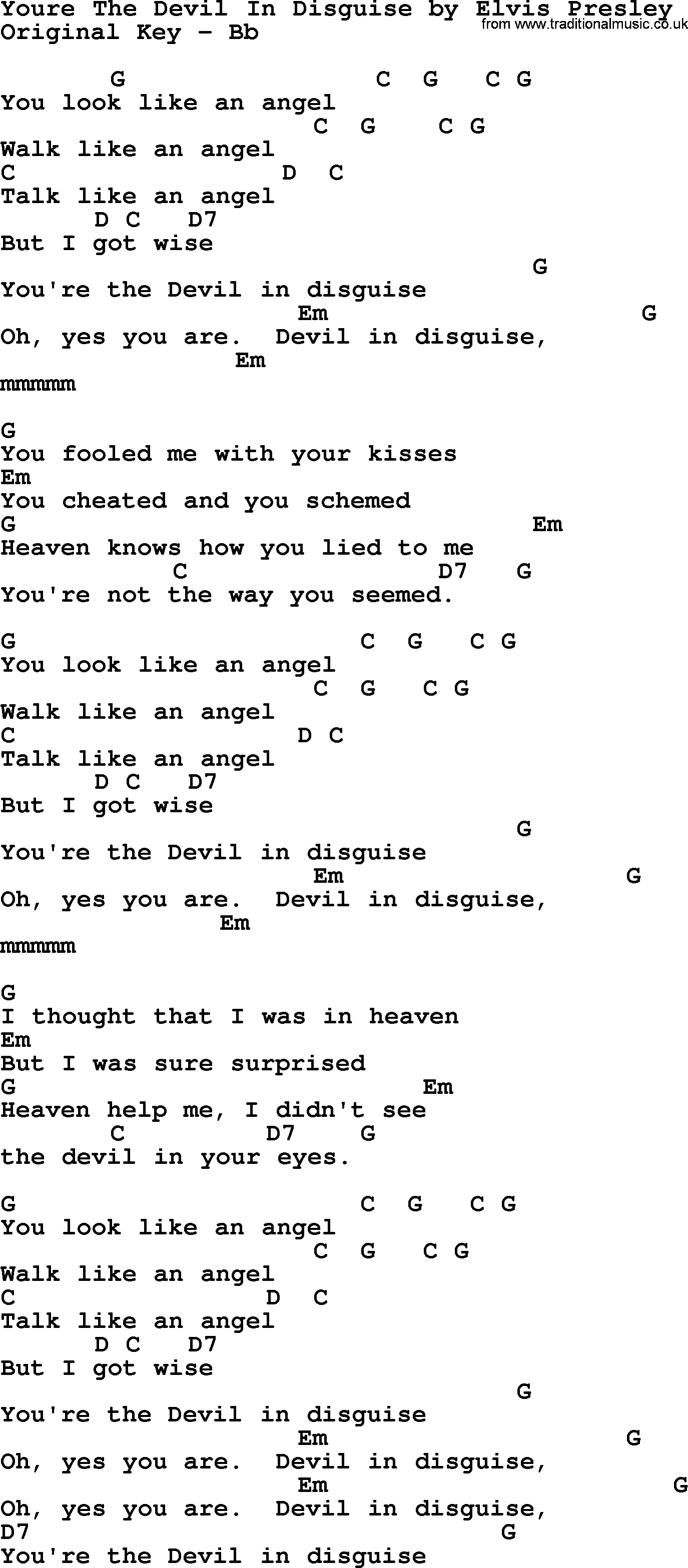 Elvis Presley song: Youre The Devil In Disguise, lyrics and chords