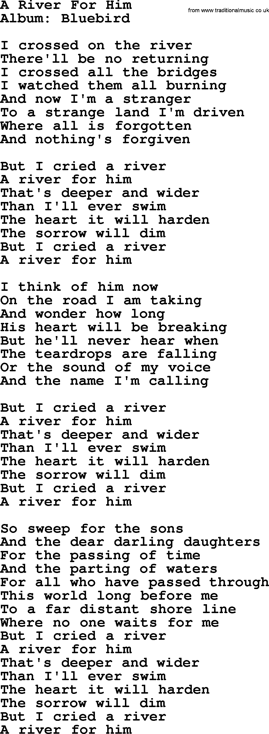 Emmylou Harris song: A River For Him lyrics