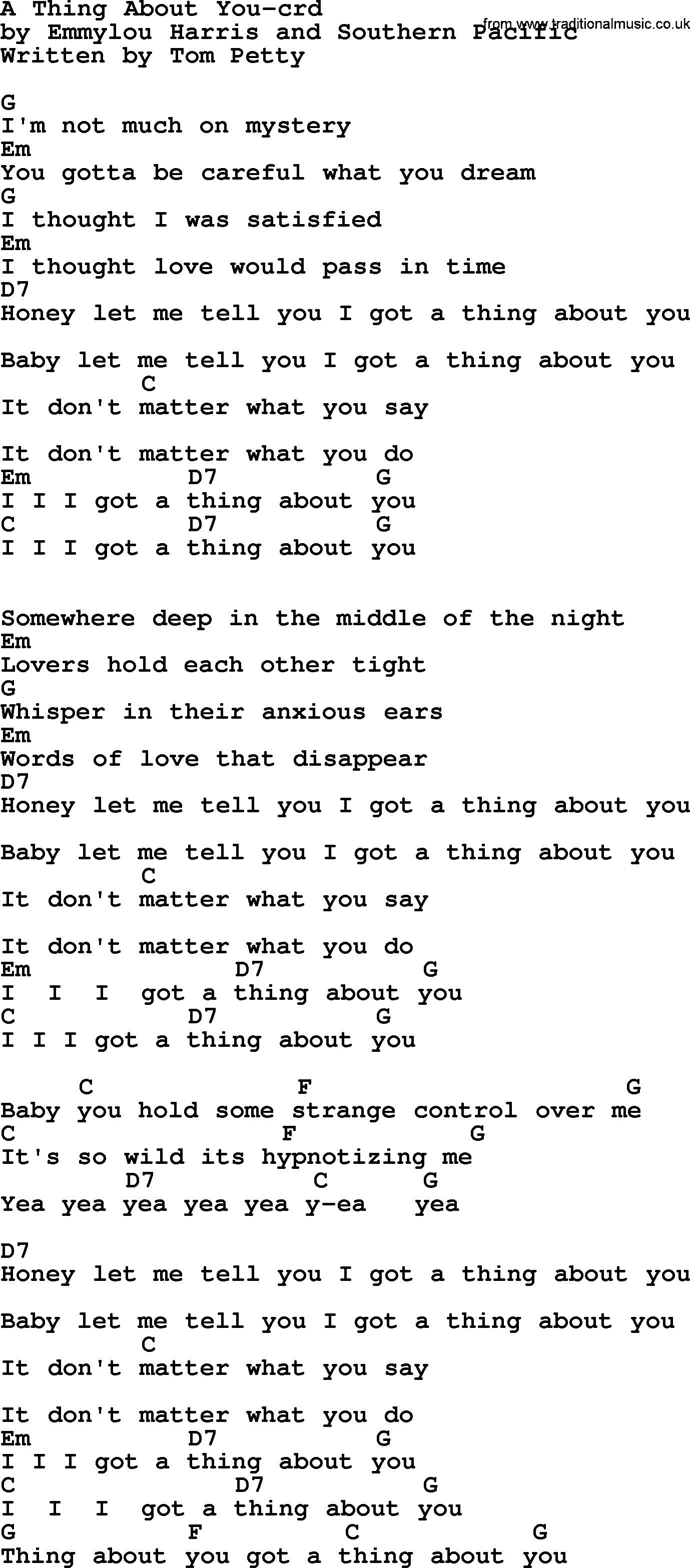 Emmylou Harris song: A Thing About You 2 lyrics and chords