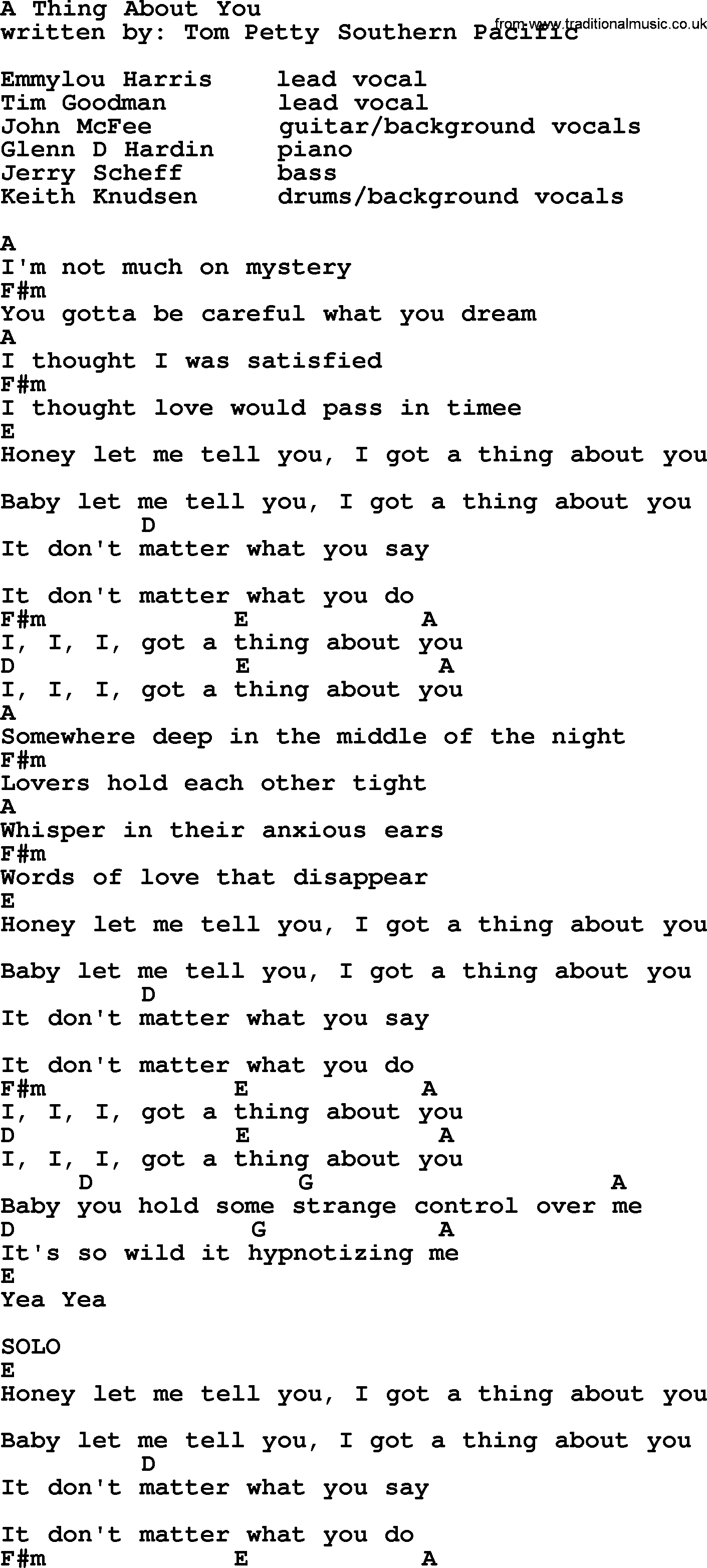 Emmylou Harris song: A Thing About You lyrics and chords