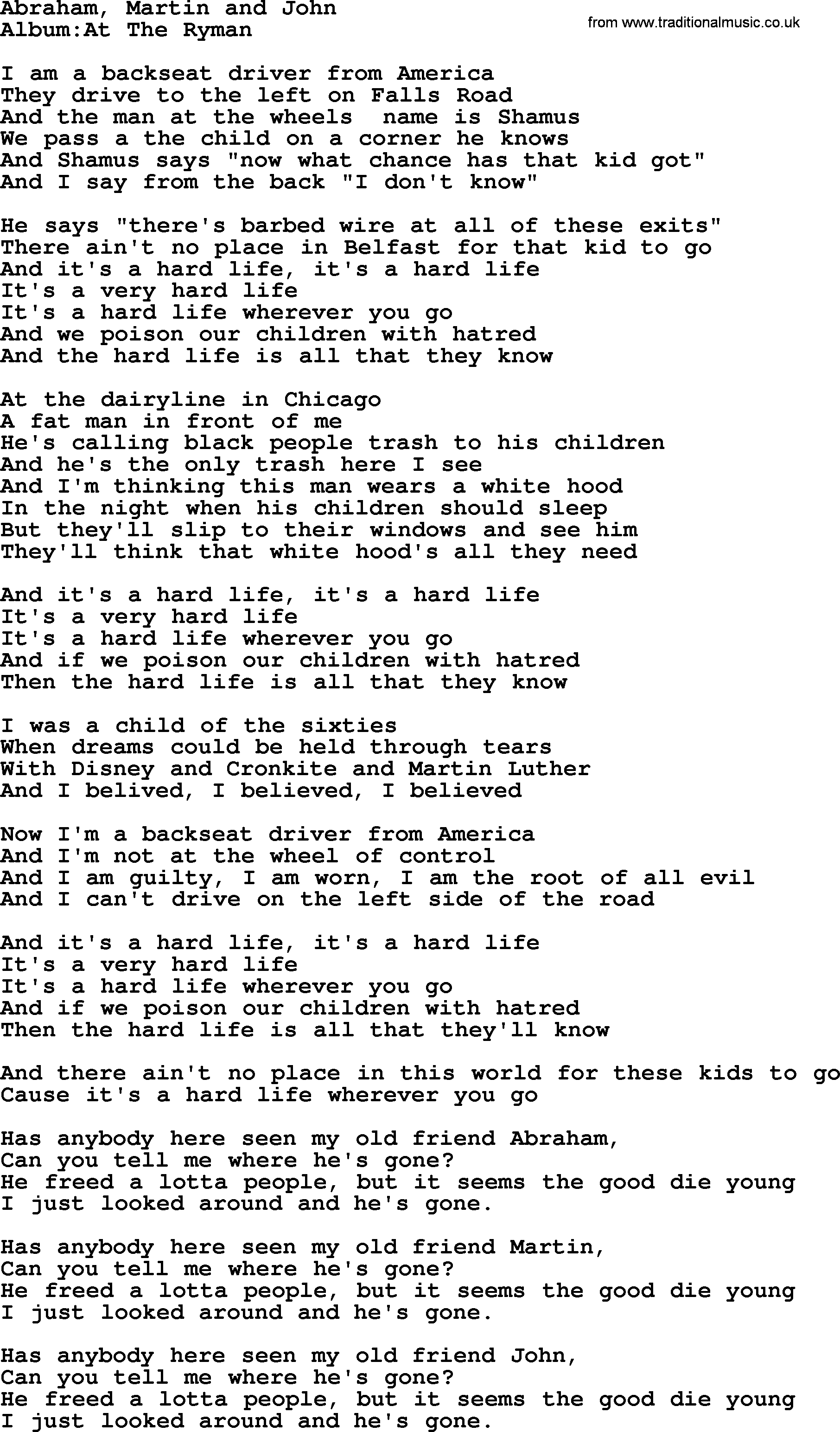 Emmylou Harris song: Abraham, Martin and John lyrics