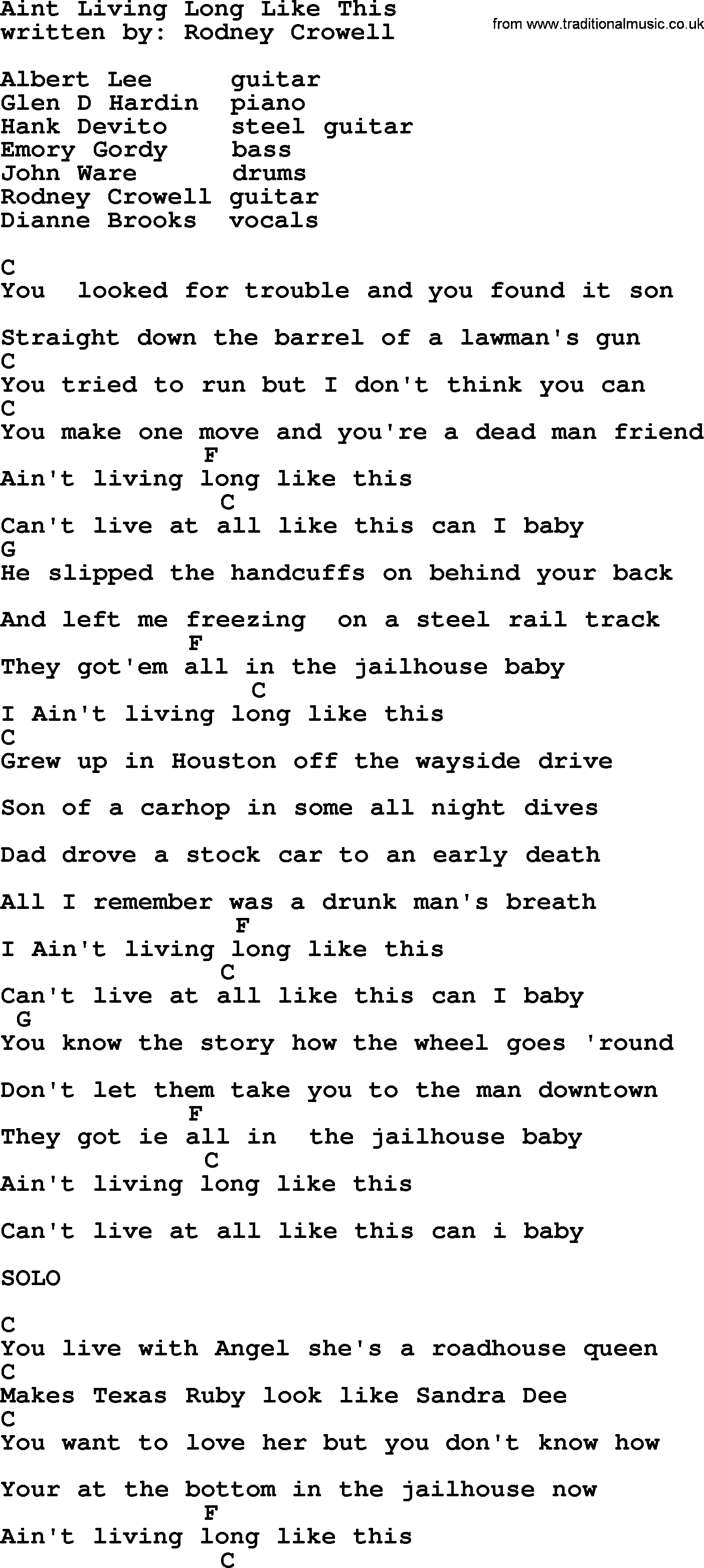 Emmylou Harris song: Aint Living Long Like This lyrics and chords