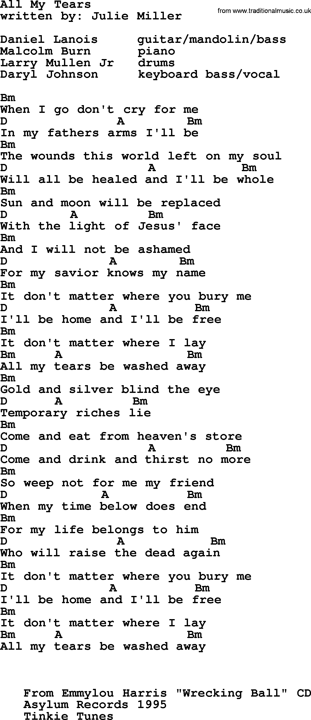 Emmylou Harris song: All My Tears lyrics and chords