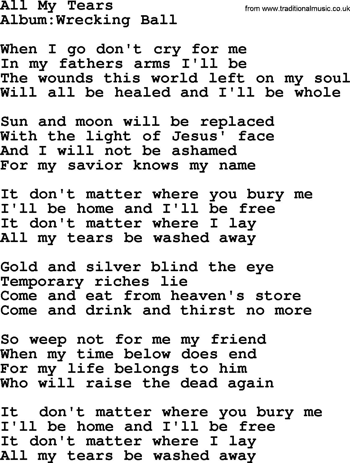Emmylou Harris song: All My Tears lyrics