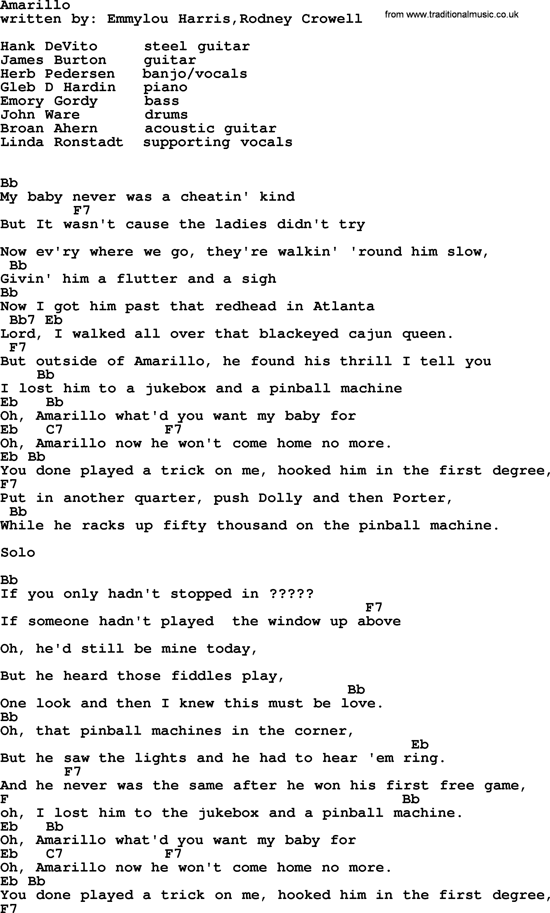 Emmylou Harris song: Amarillo lyrics and chords
