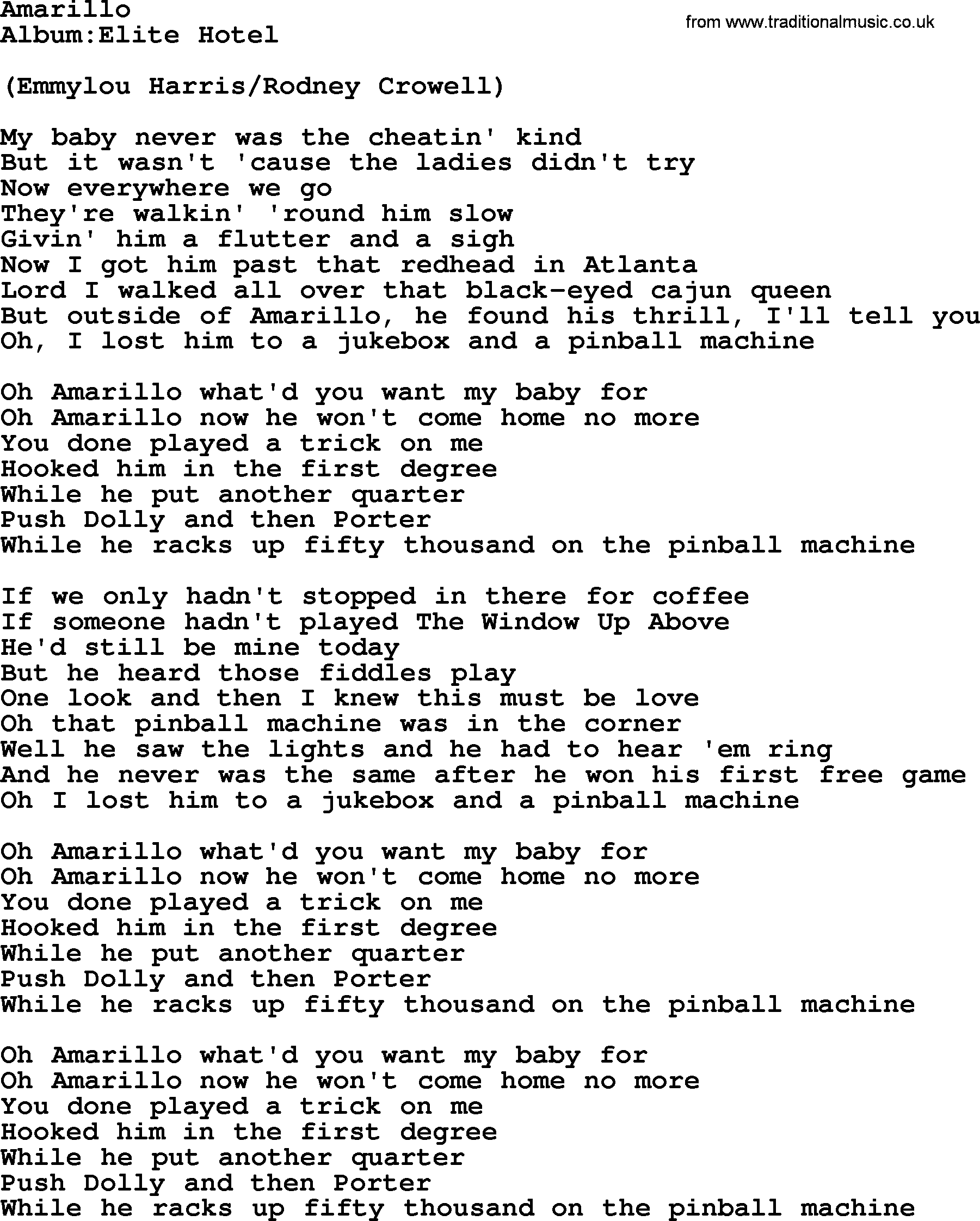 Emmylou Harris song: Amarillo lyrics