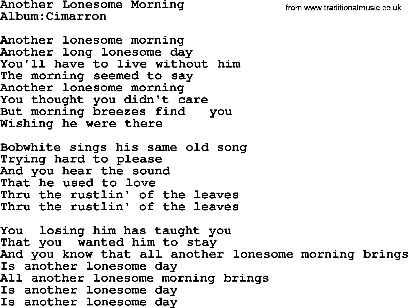 Emmylou Harris song: Another Lonesome Morning lyrics
