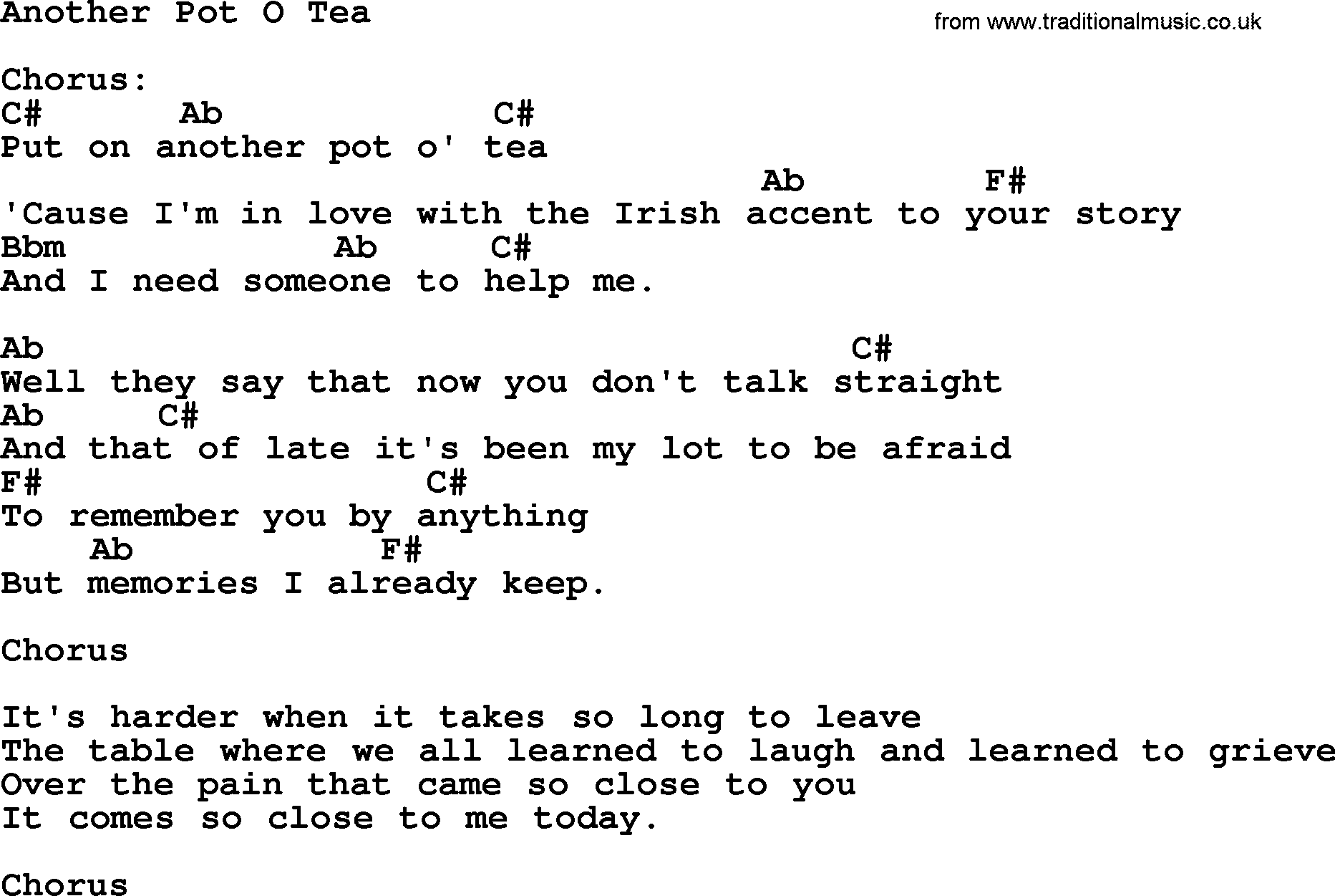 Emmylou Harris song: Another Pot O Tea lyrics and chords