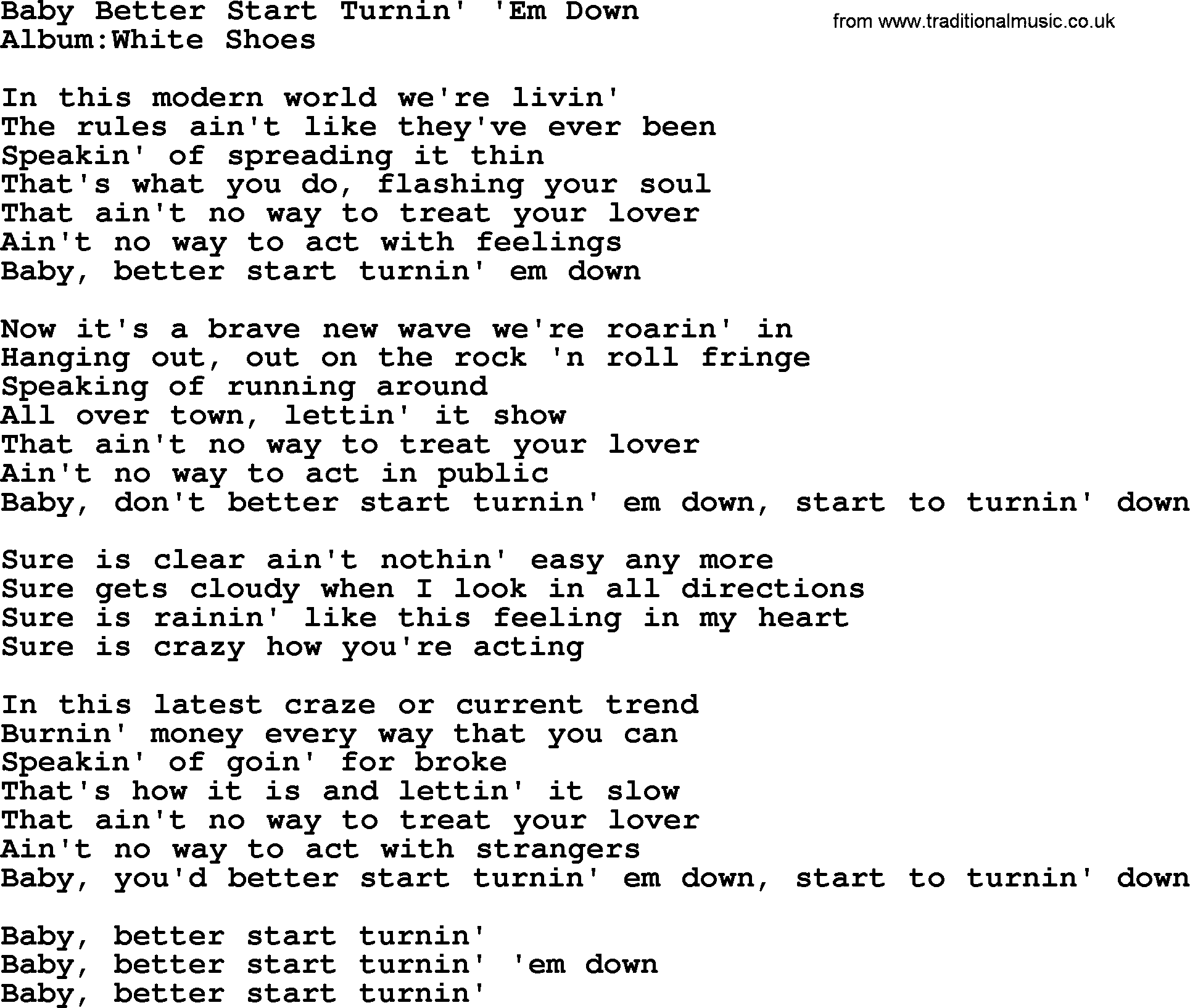 Emmylou Harris song: Baby Better Start Turnin' 'Em Down lyrics