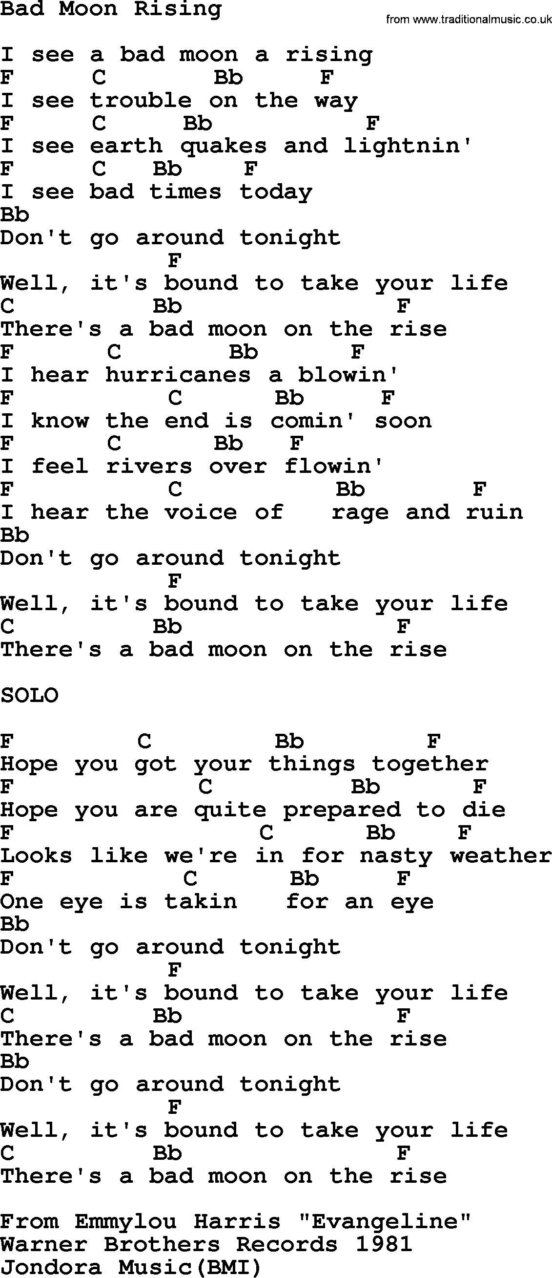 Emmylou Harris song: Bad Moon Rising lyrics and chords