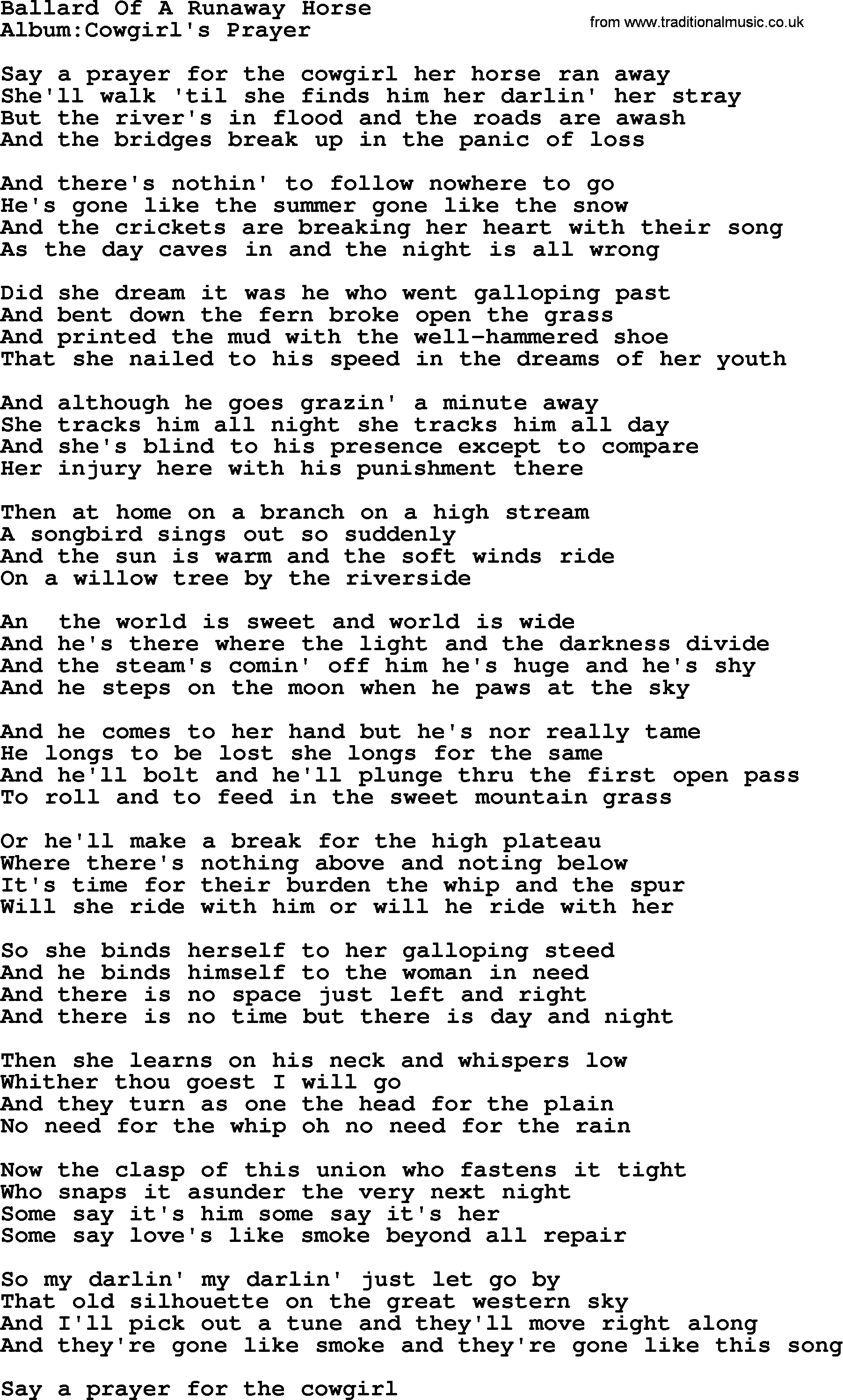 Emmylou Harris song: Ballard Of A Runaway Horse lyrics