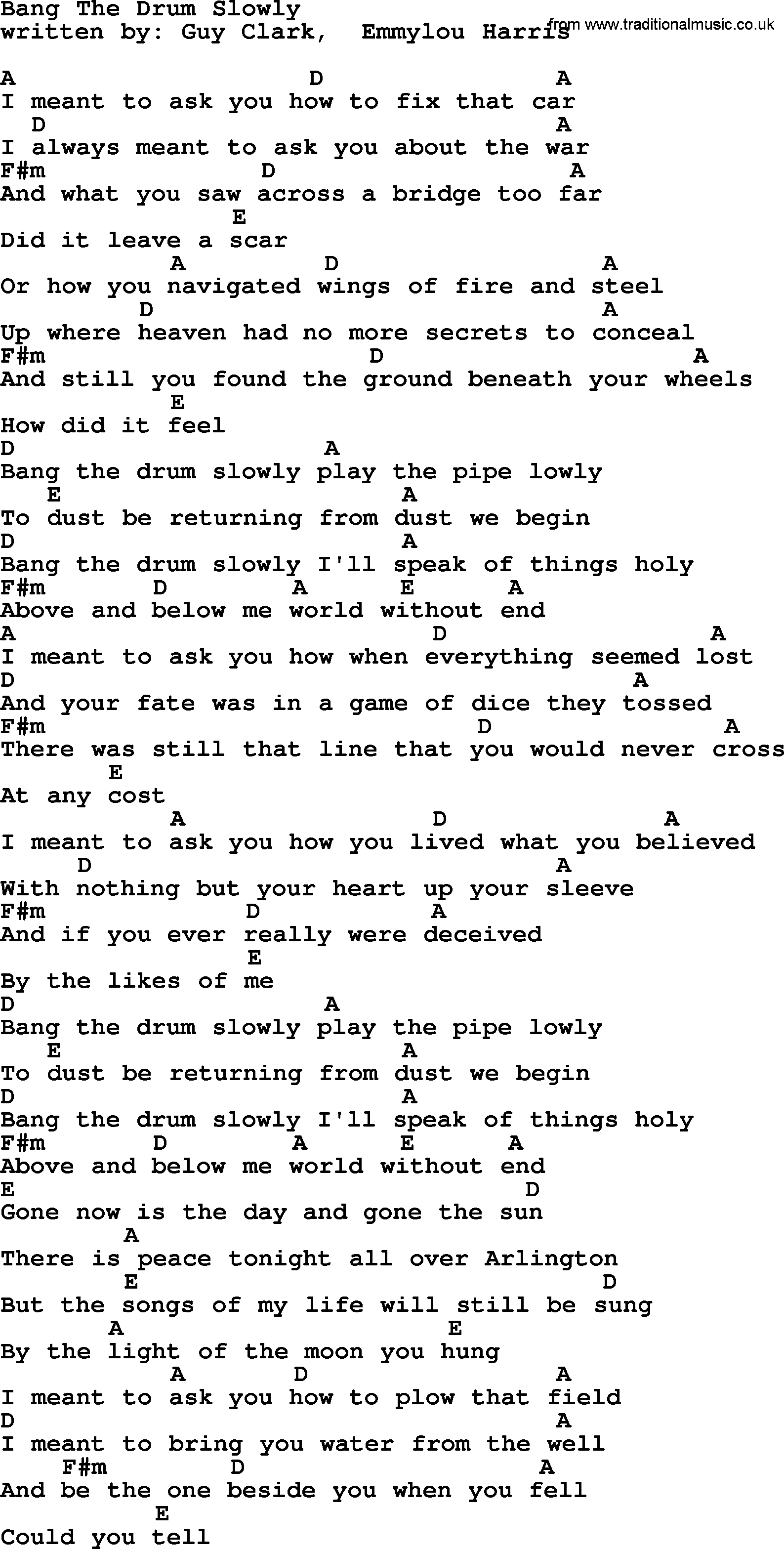Emmylou Harris song: Bang The Drum Slowly lyrics and chords