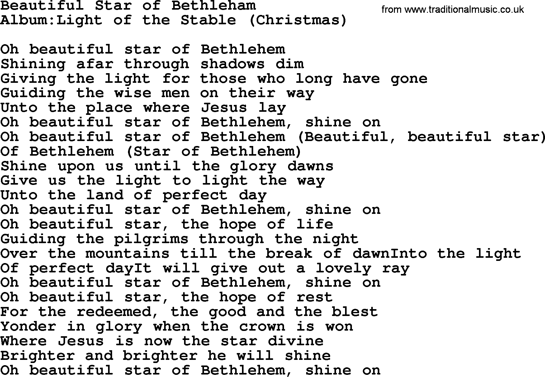 Emmylou Harris song: Beautiful Star of Bethleham lyrics