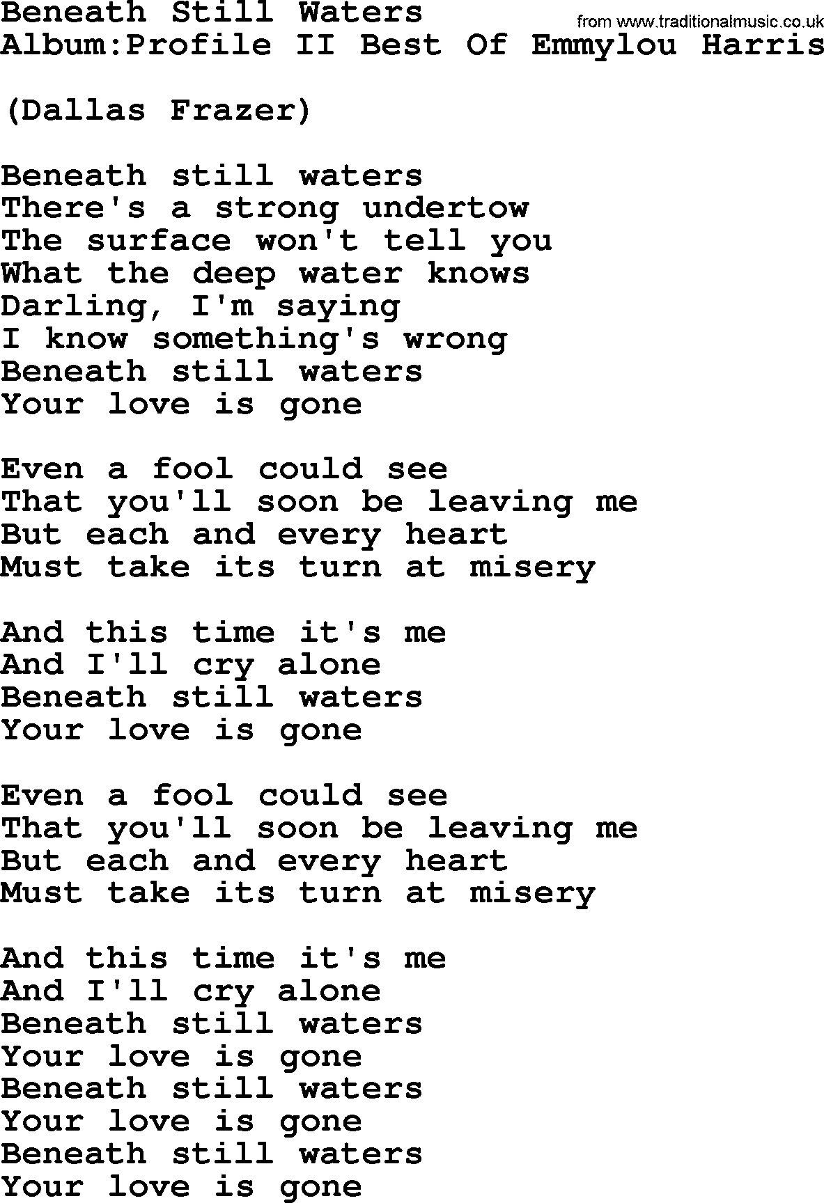 Emmylou Harris song: Beneath Still Waters lyrics