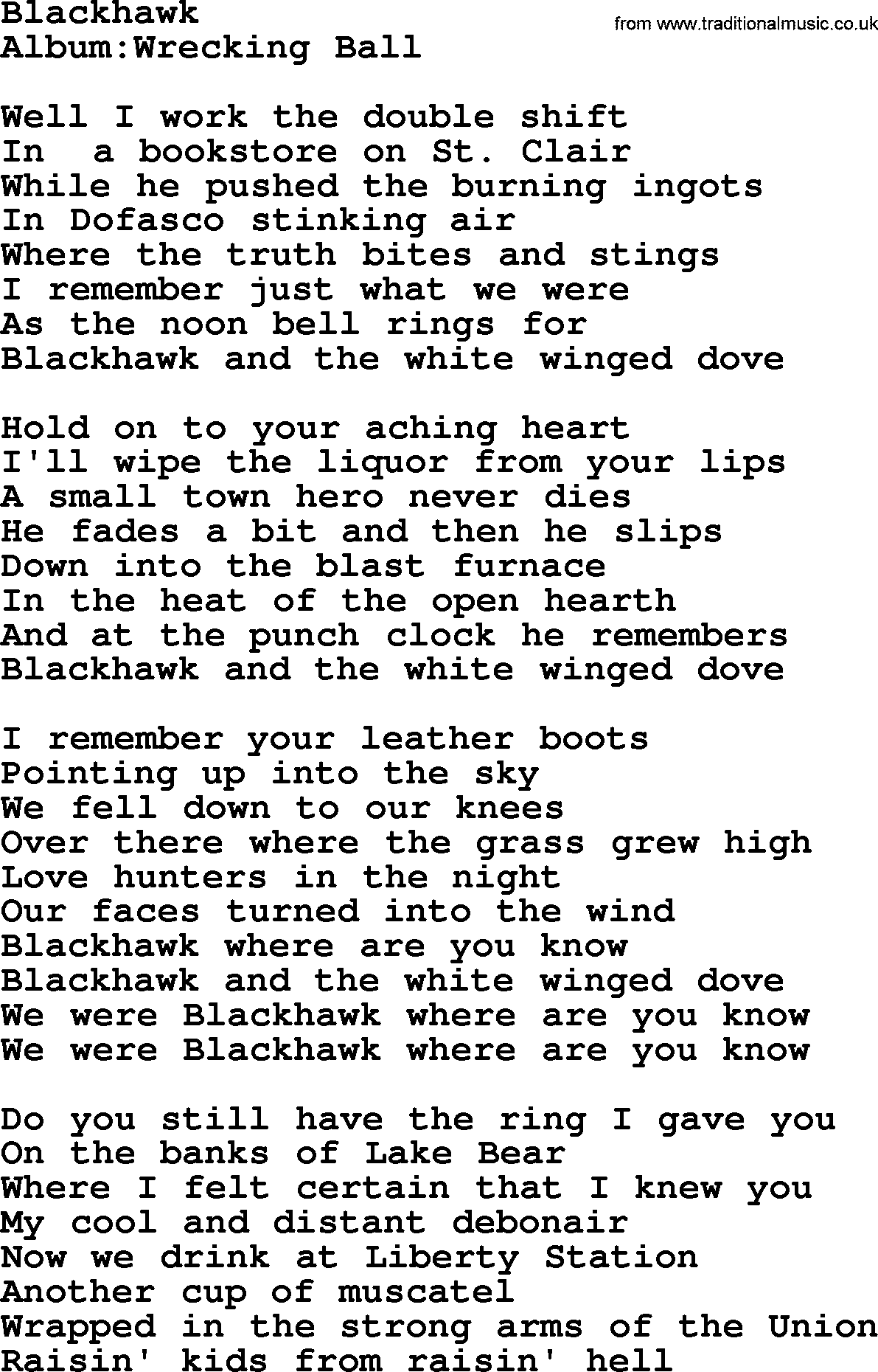 Emmylou Harris song: Blackhawk lyrics