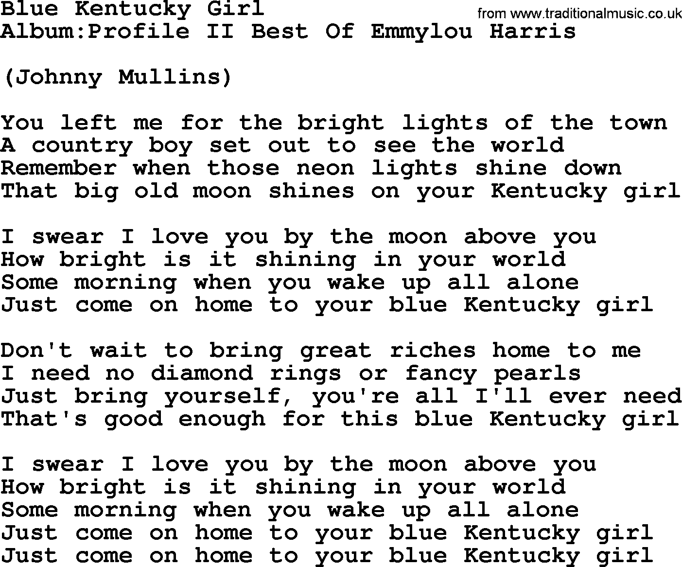 Emmylou Harris song: Blue Kentucky Girl lyrics