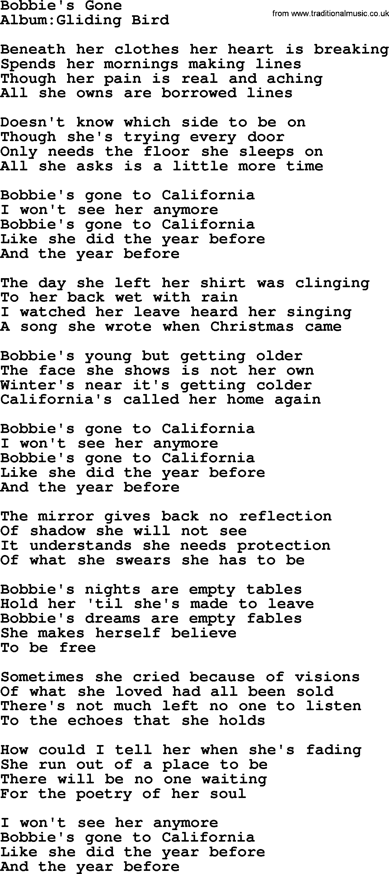 Emmylou Harris song: Bobbie's Gone lyrics