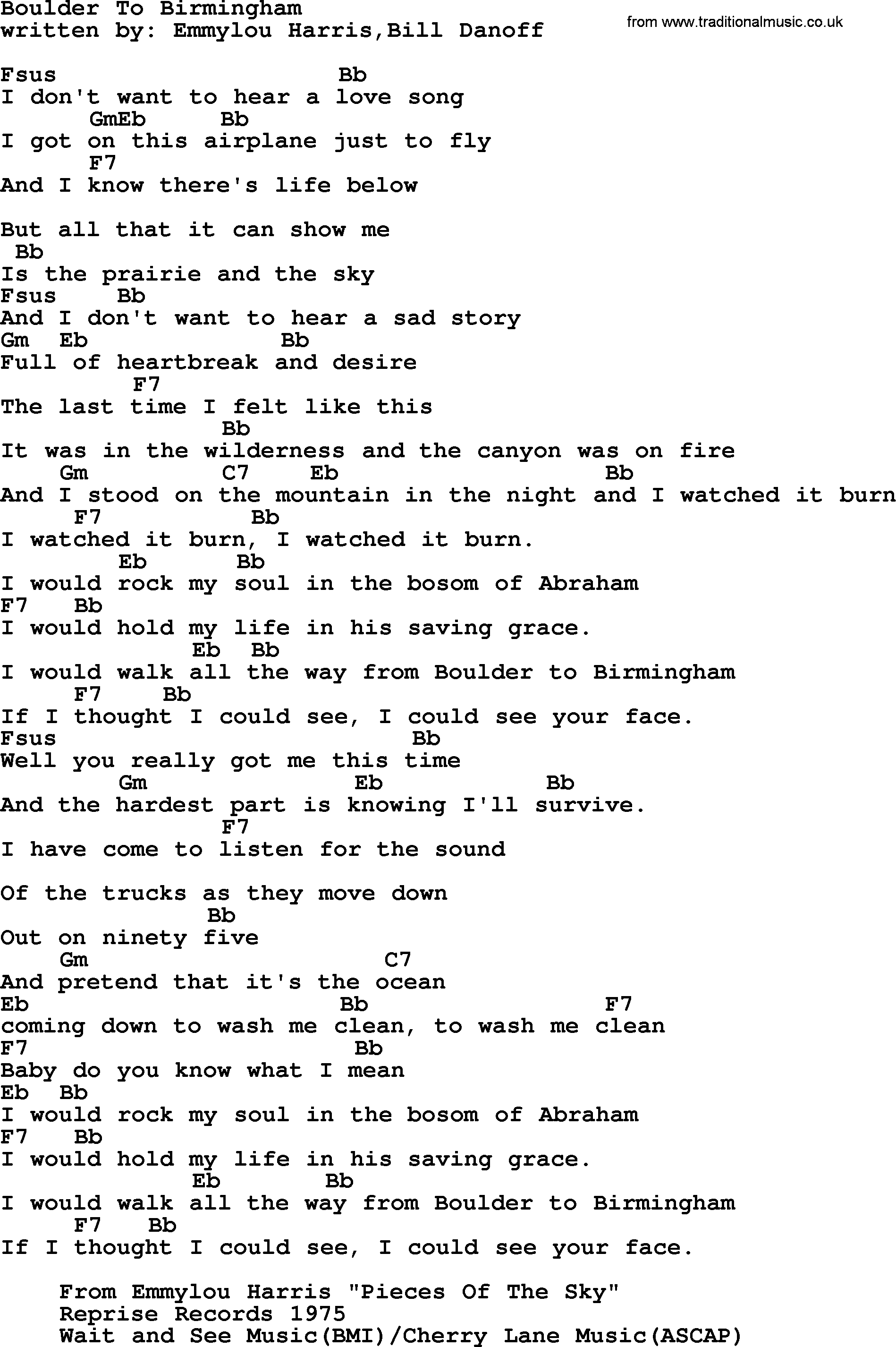 Emmylou Harris song: Boulder To Birmingham lyrics and chords