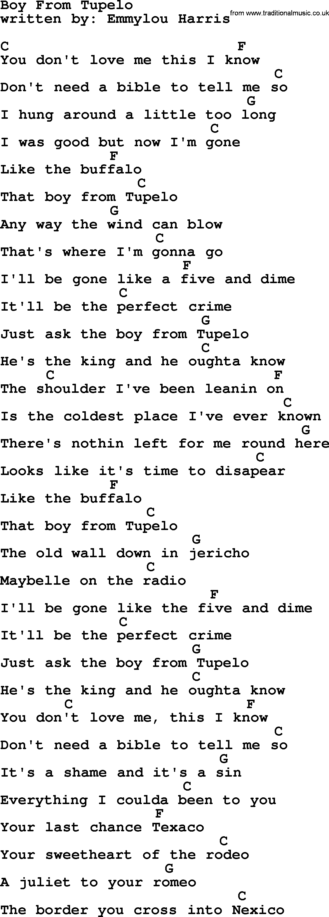 Emmylou Harris song: Boy From Tupelo lyrics and chords